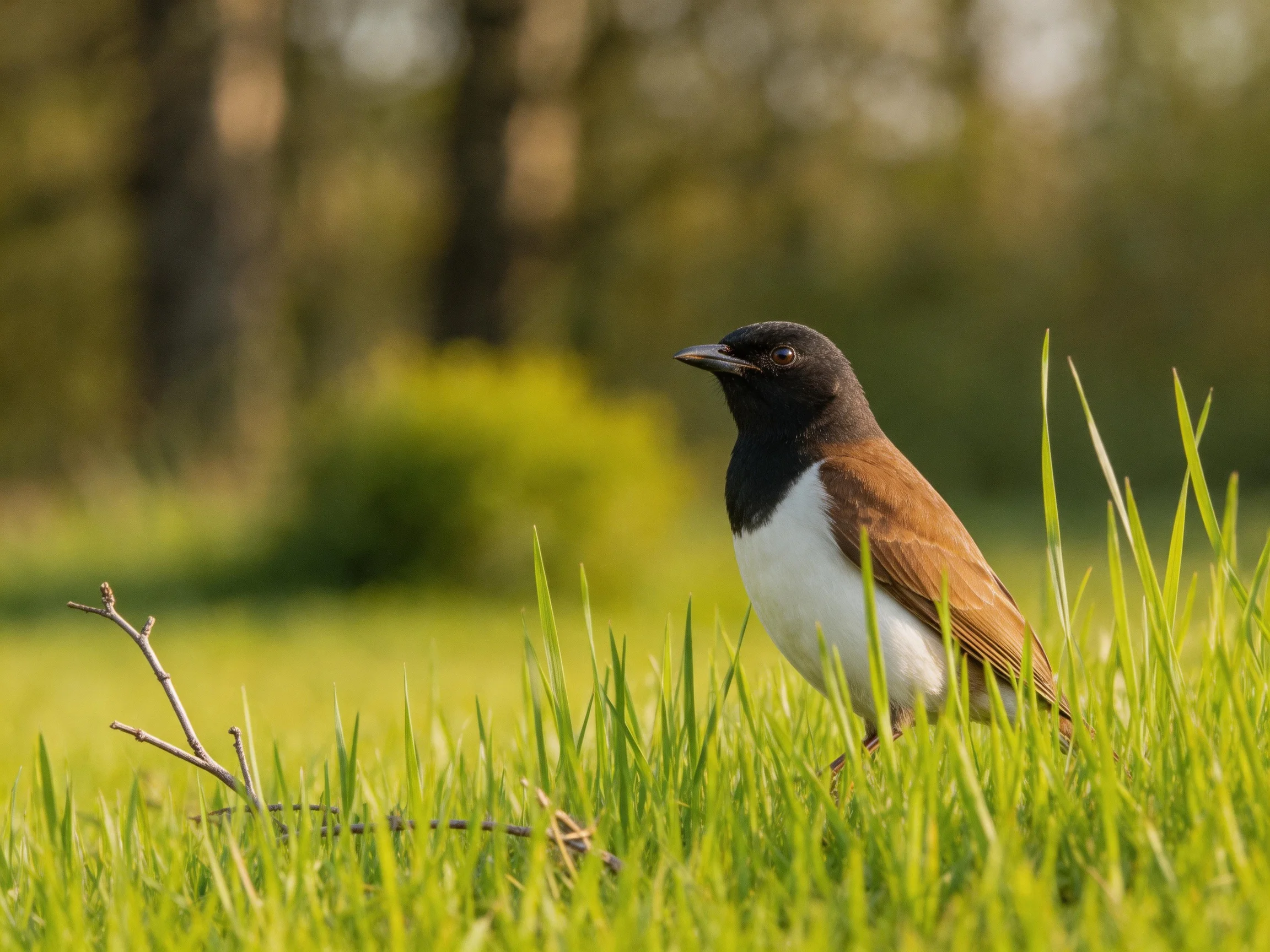 Brown-winged bird in tall green grass near blurred trees