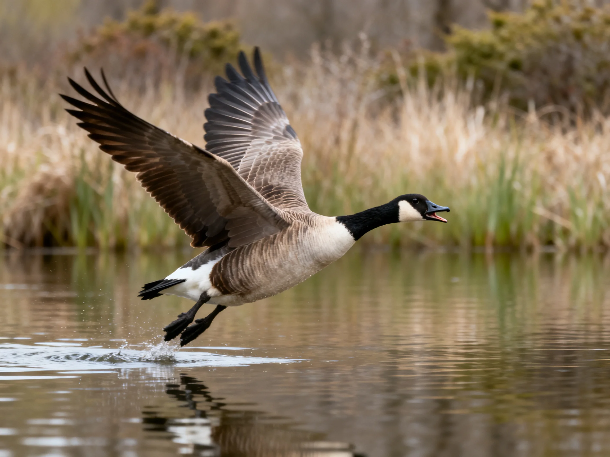 Canada Goose Soars Above Shallow Water