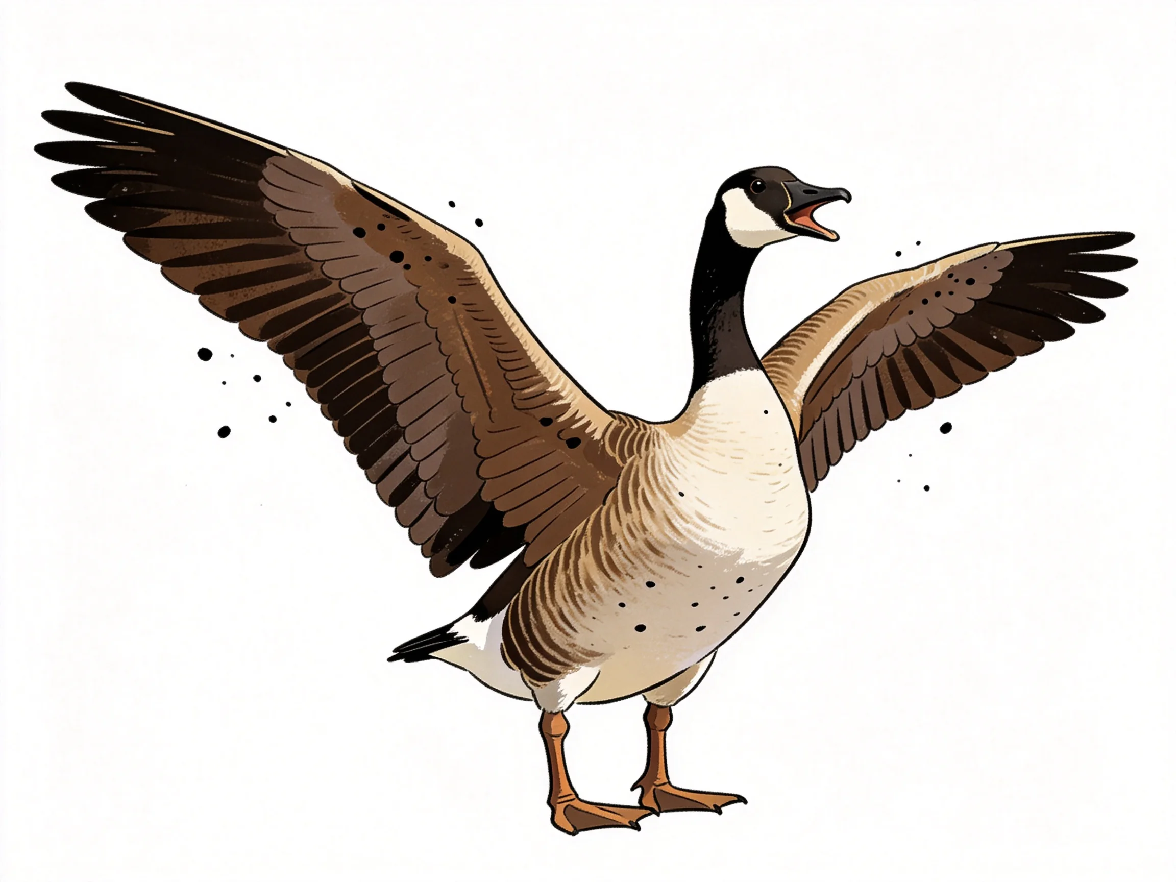 Canada Goose with outstretched brown wings, black neck, white chest