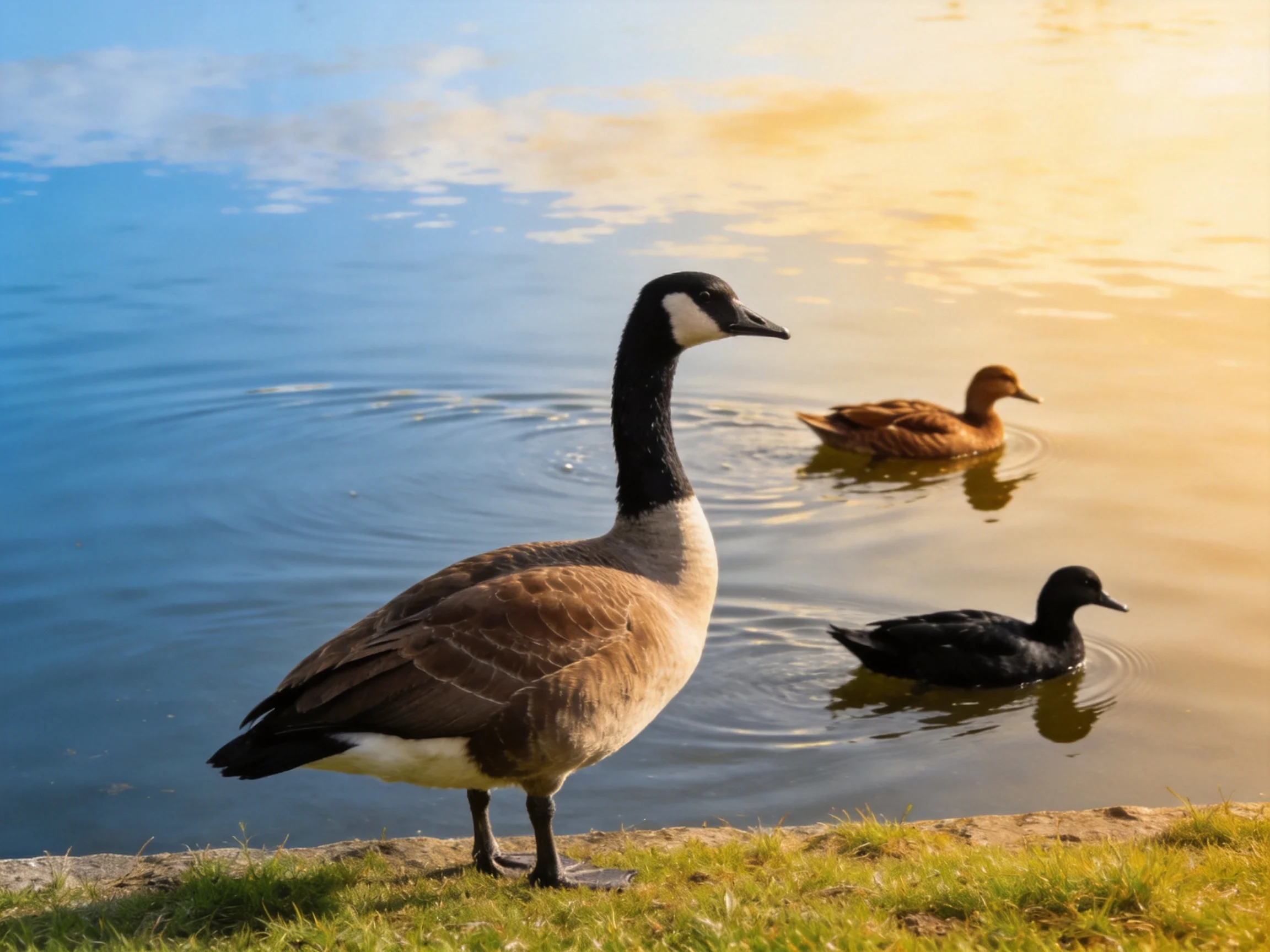 Canada goose by water with two ducks, golden sunset reflections