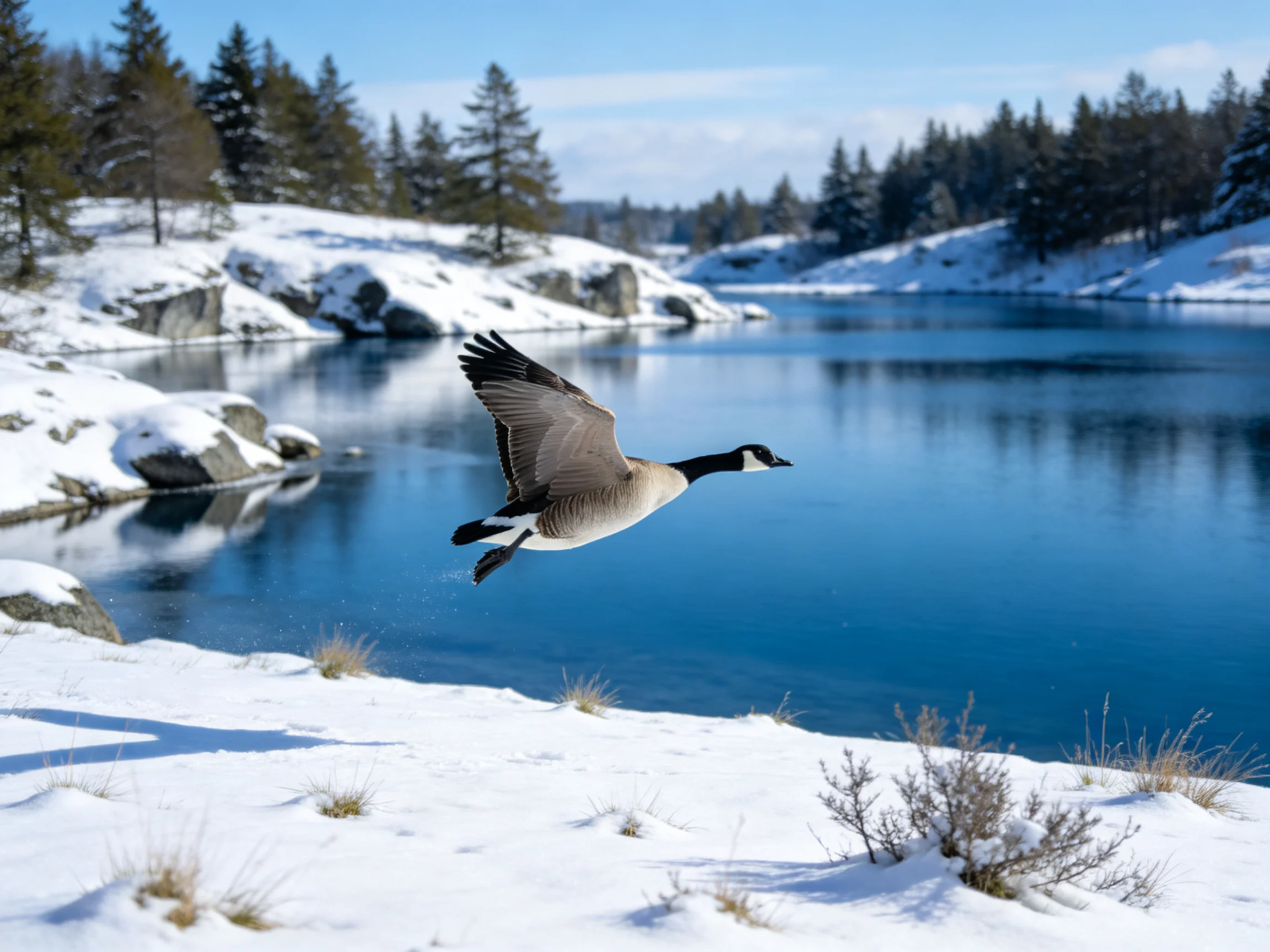 Canada goose flies over snowy lakeside with pine trees