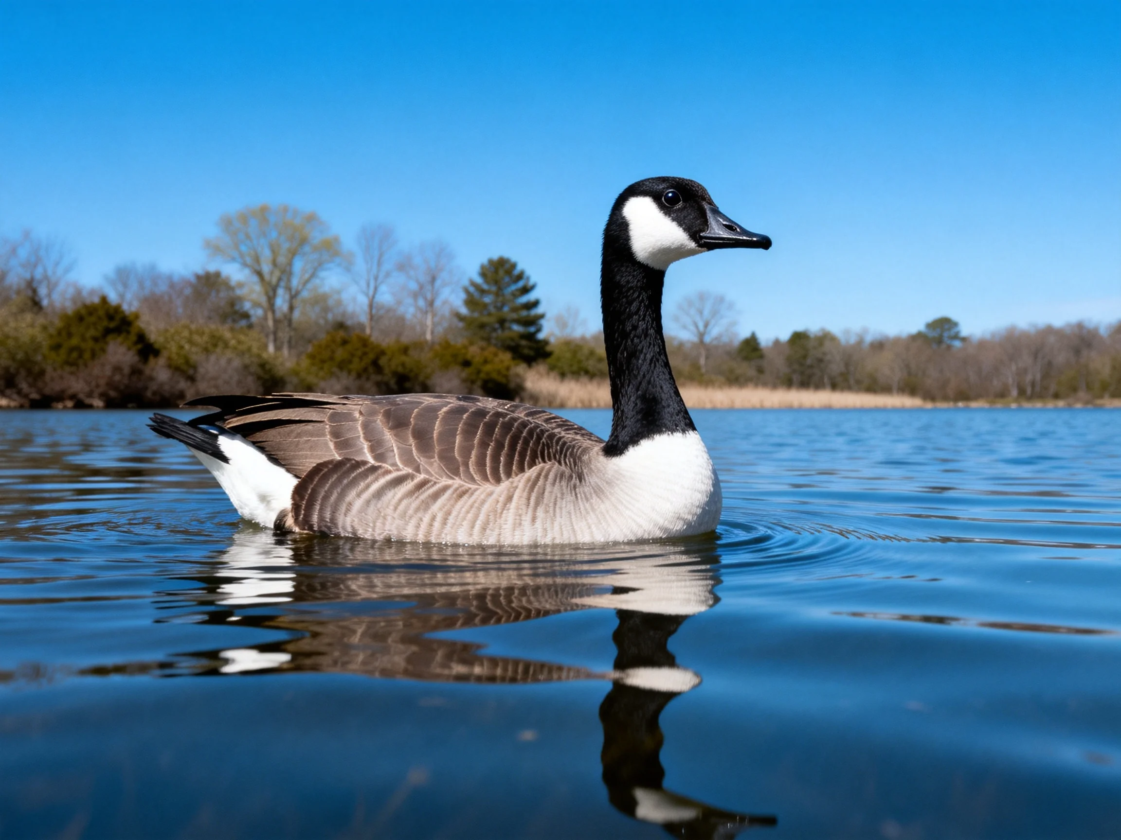 Canada goose glides on calm blue water near green trees