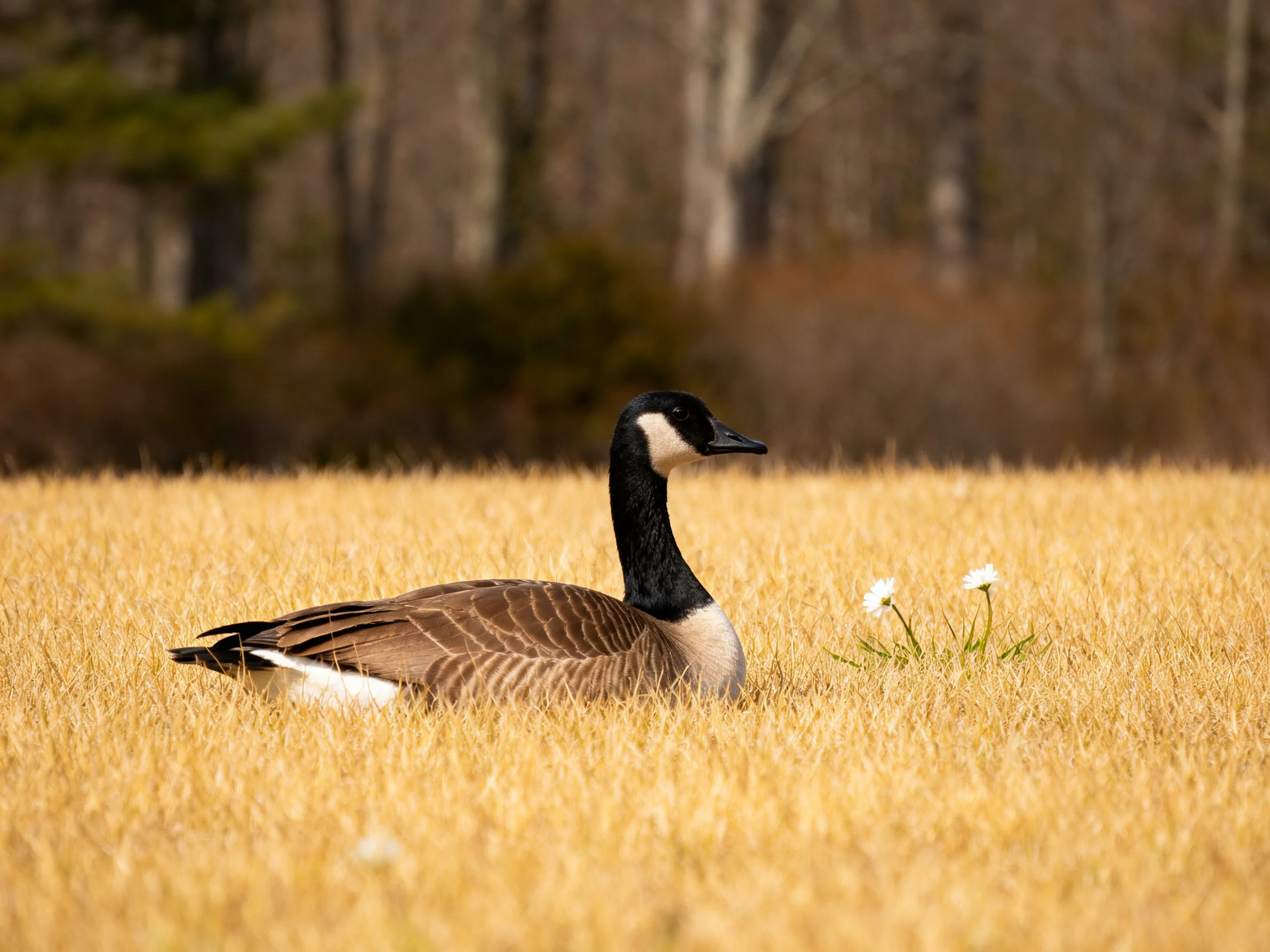 Canada goose nestled in golden grass beside white wildflowers