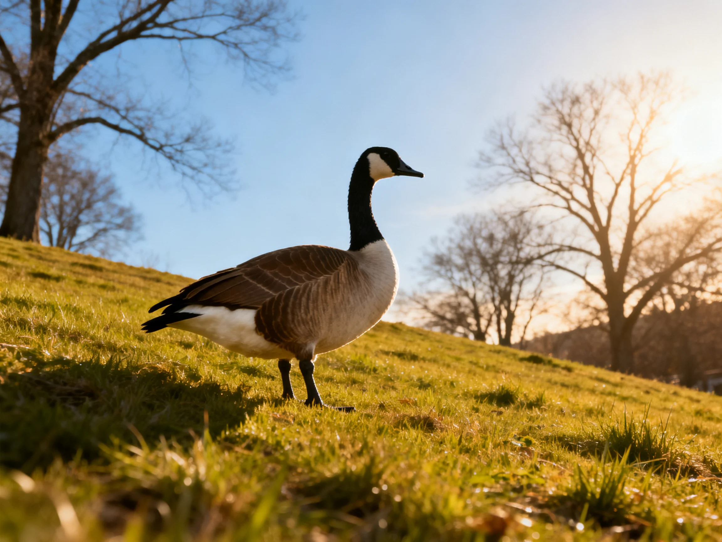 Canada goose on sunlit grassy hillside with bare trees