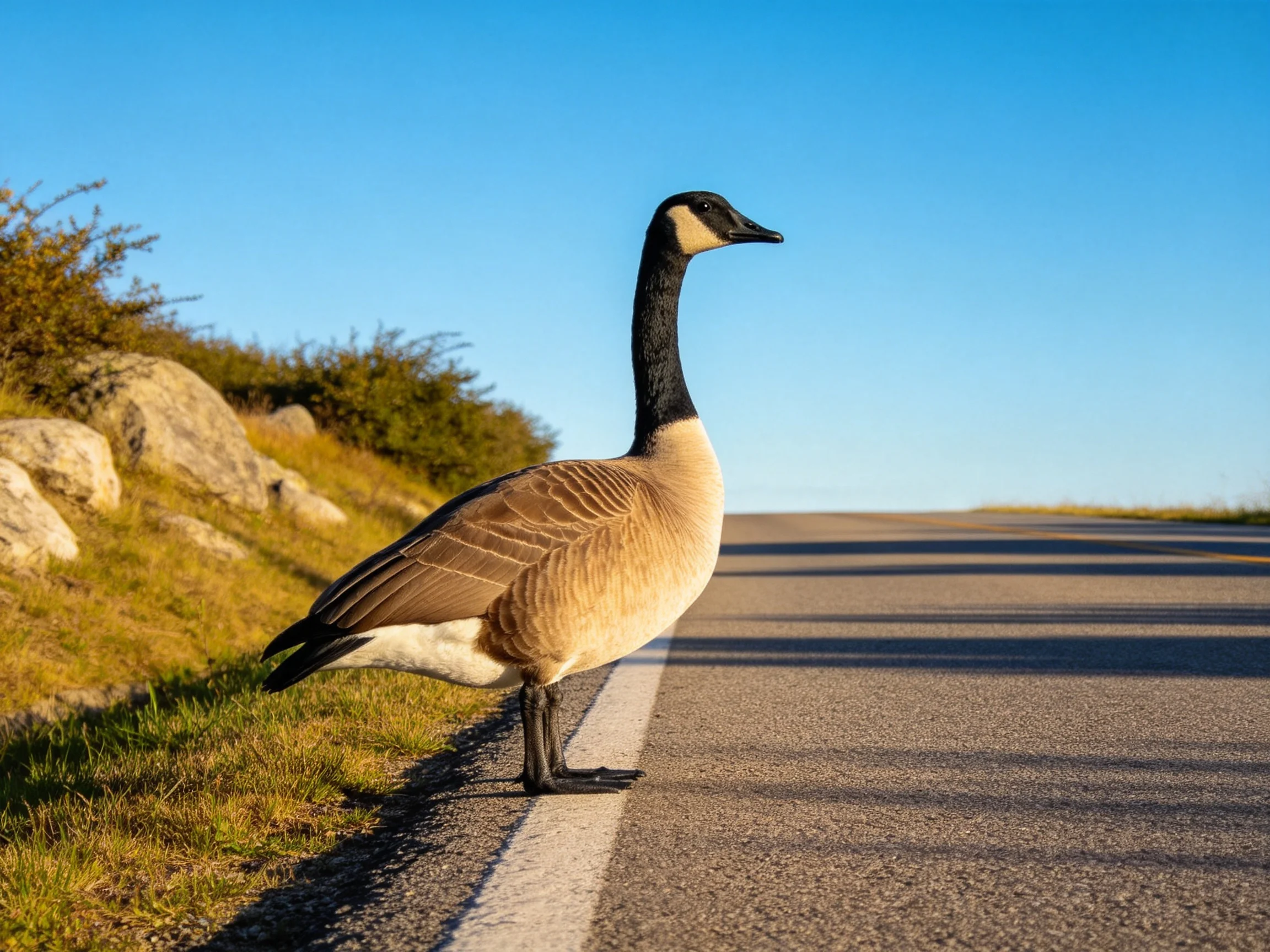 Canada goose positioned on paved road beside rocky and grassy terrain