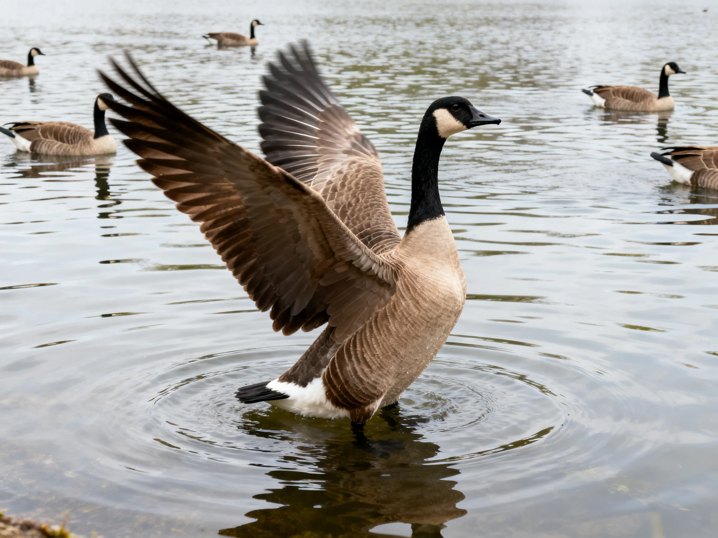 Canada goose spreading wings in calm lake waters