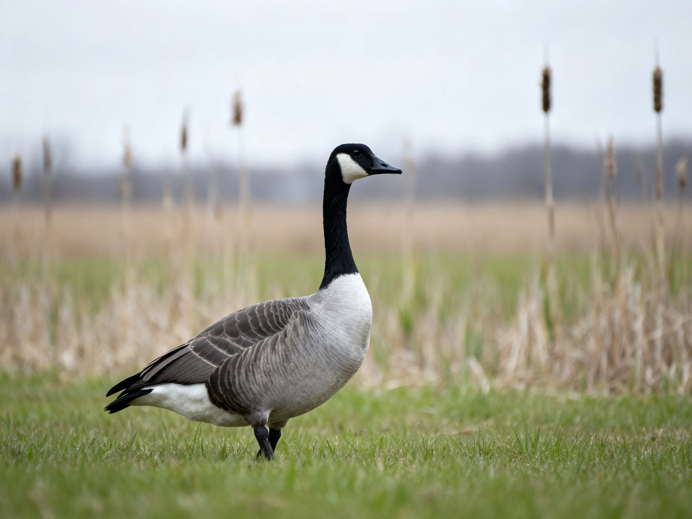 Canada goose standing on green grass near tall reeds