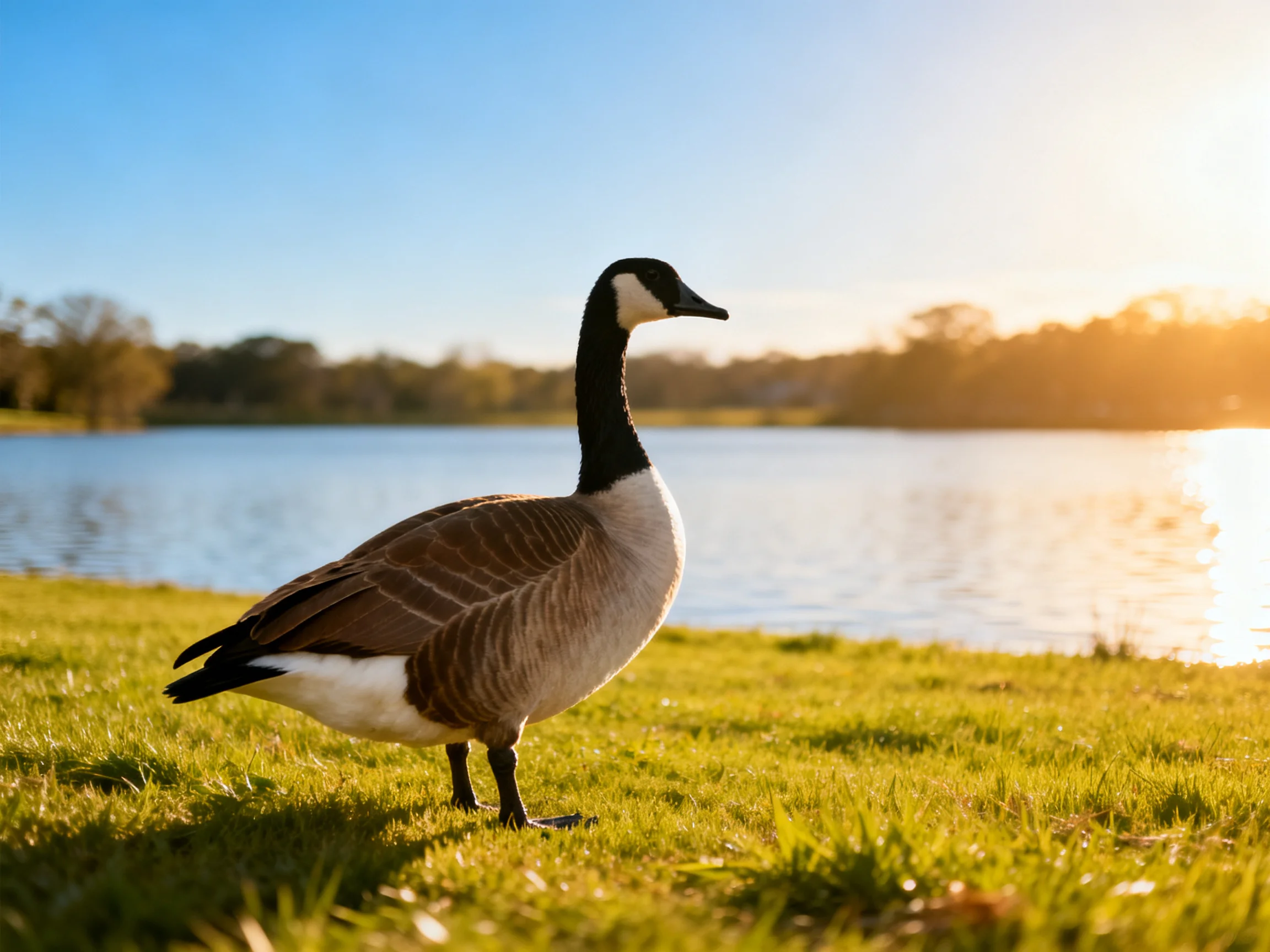 Canada goose stands on green grass by calm lake under sunny light