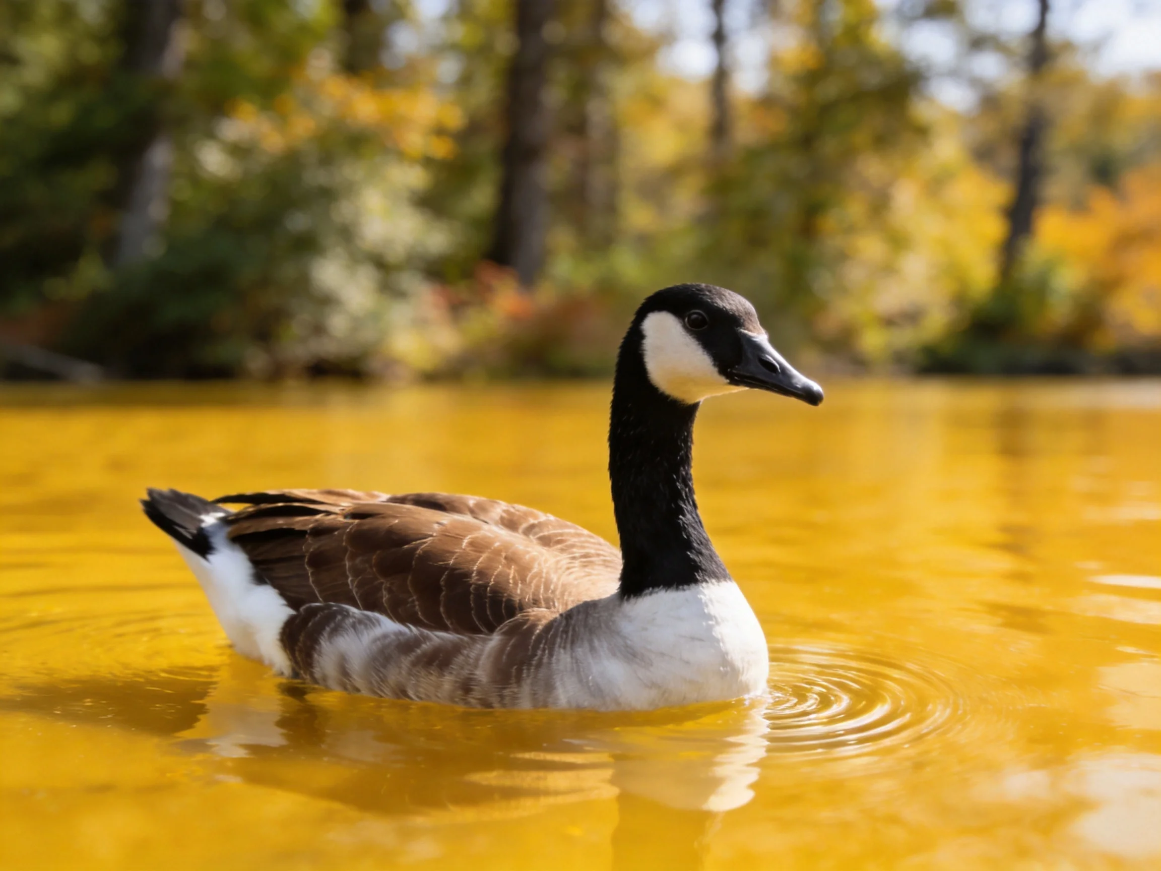 Canada goose swimming in golden water near autumn trees