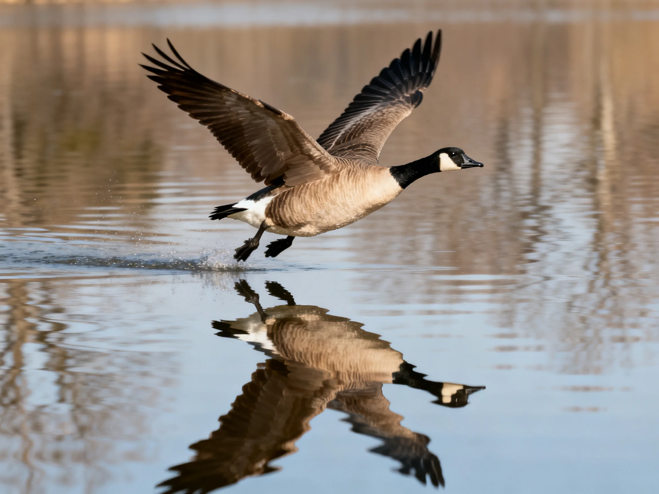 Canada goose taking flight over calm water with mirror-like reflection