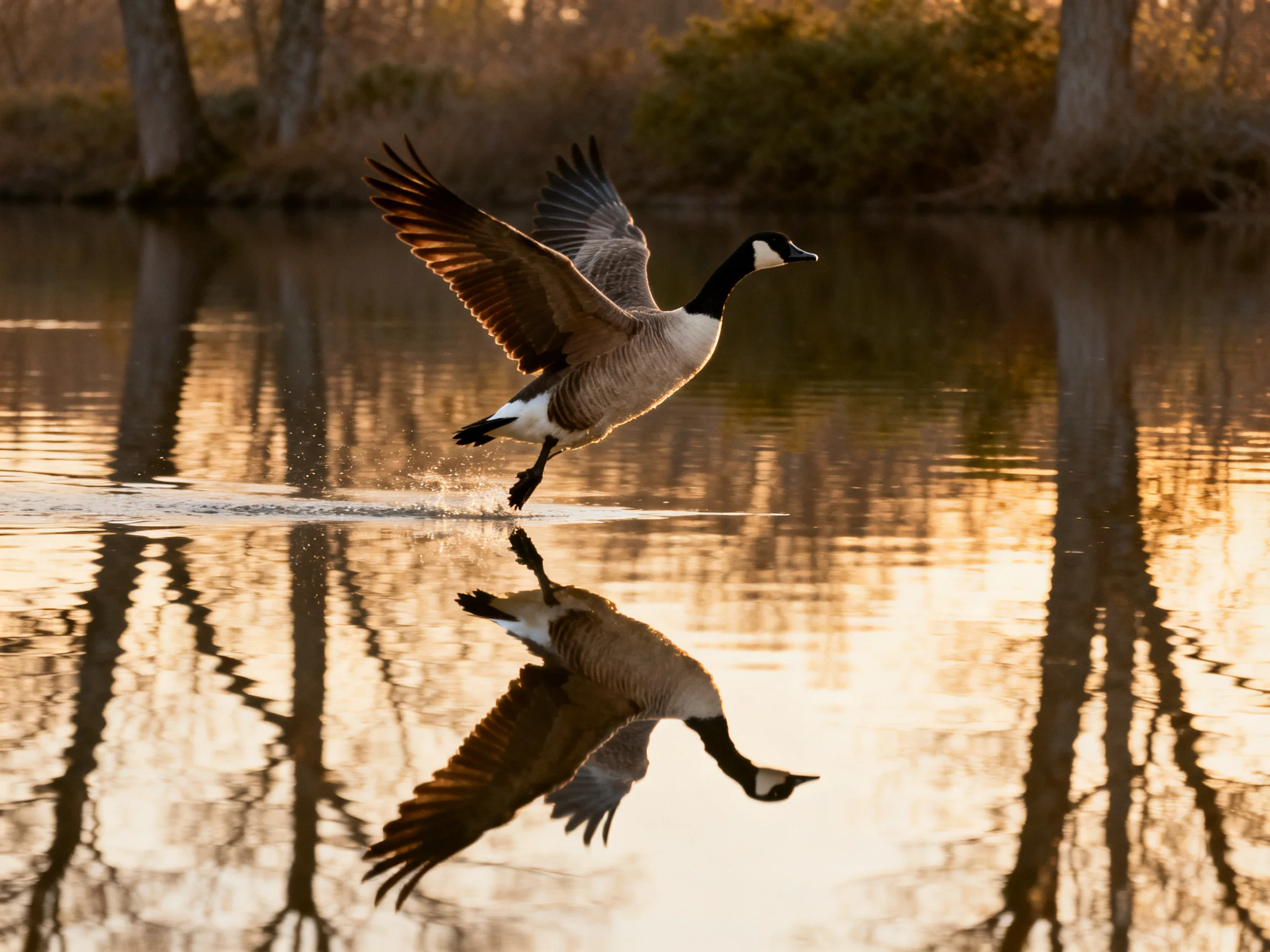 Canada goose taking flight over reflective water at golden hour