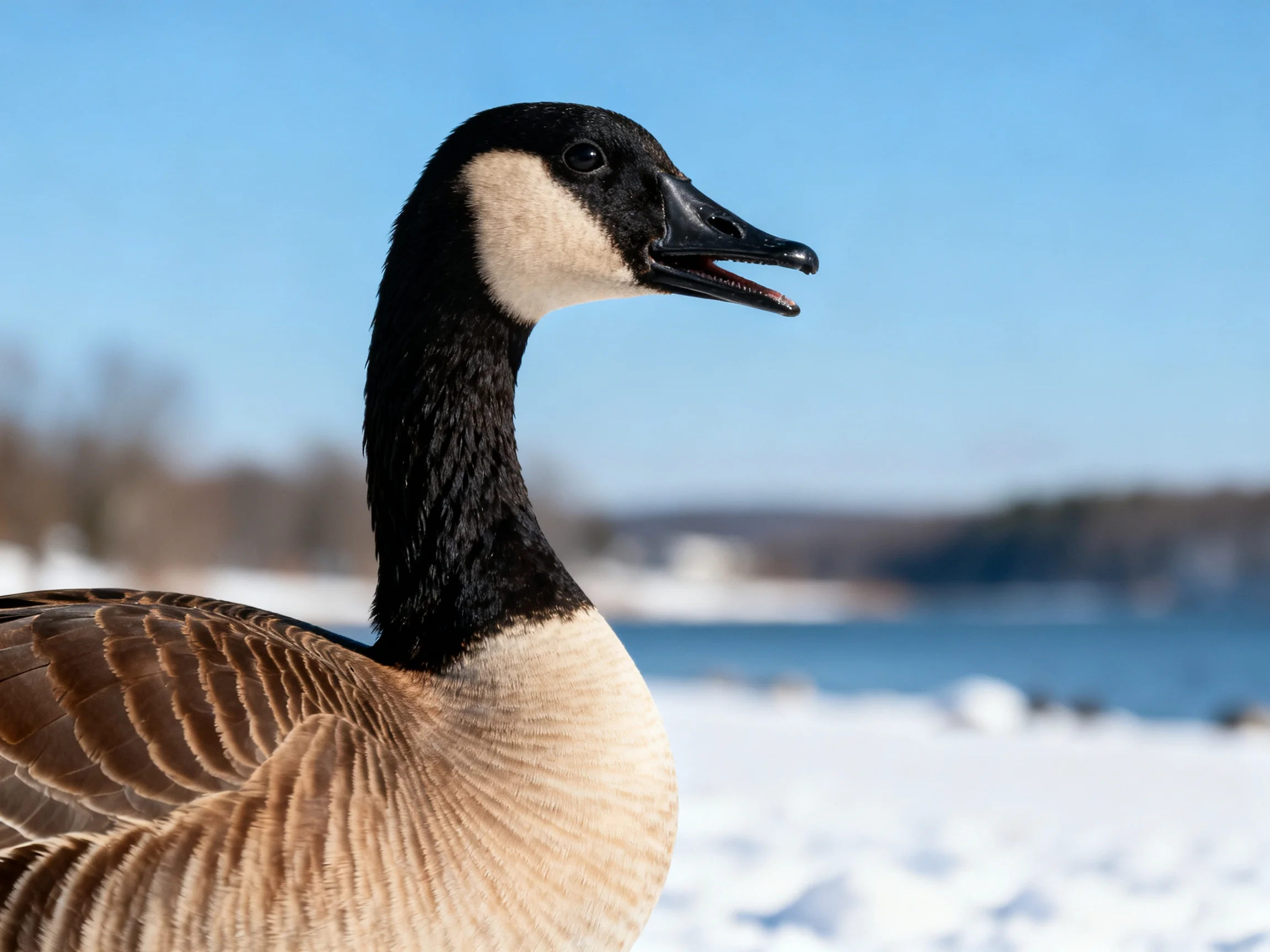 Canada goose with black neck and brown wings near snowy waters