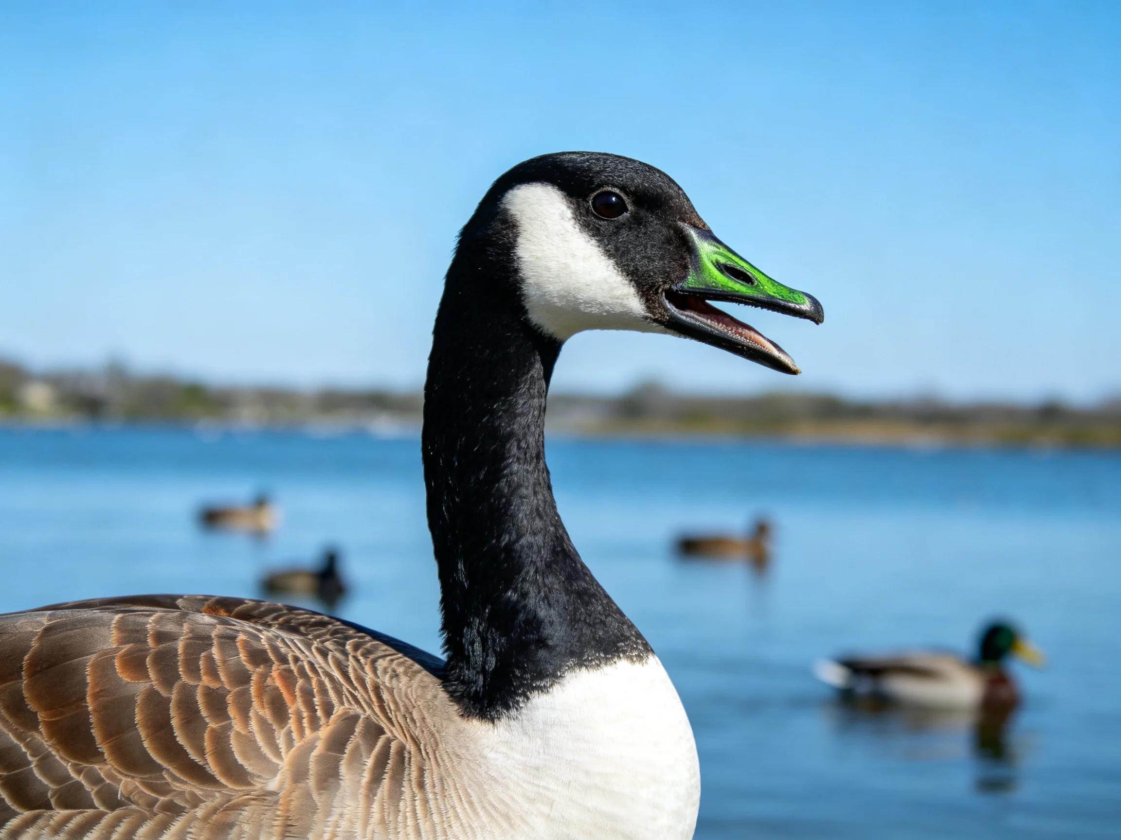 Canada goose with vibrant green beak near a calm lake with ducks