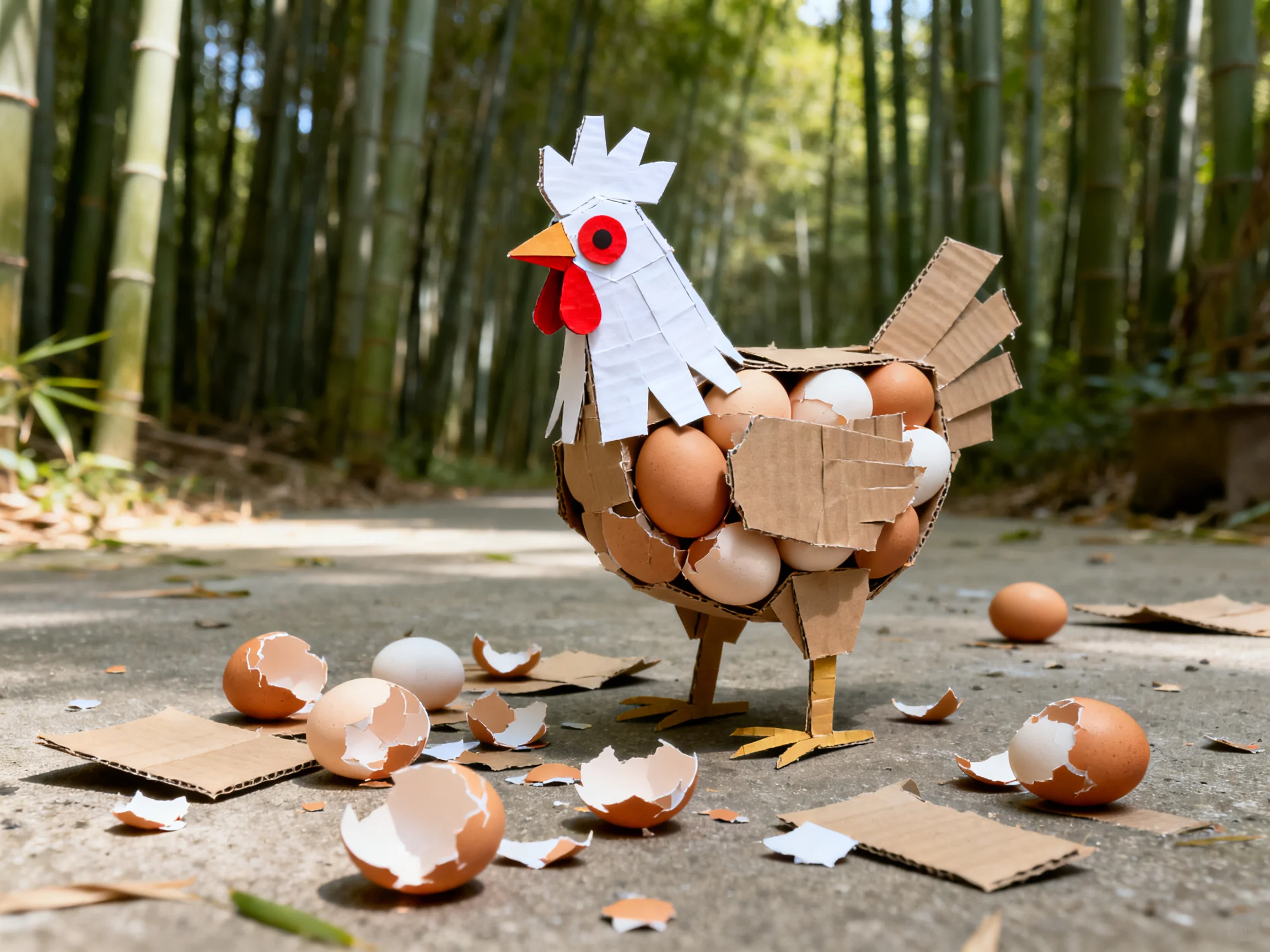 Cardboard Chicken Sculpture with Eggs and Broken Shells in Bamboo Forest