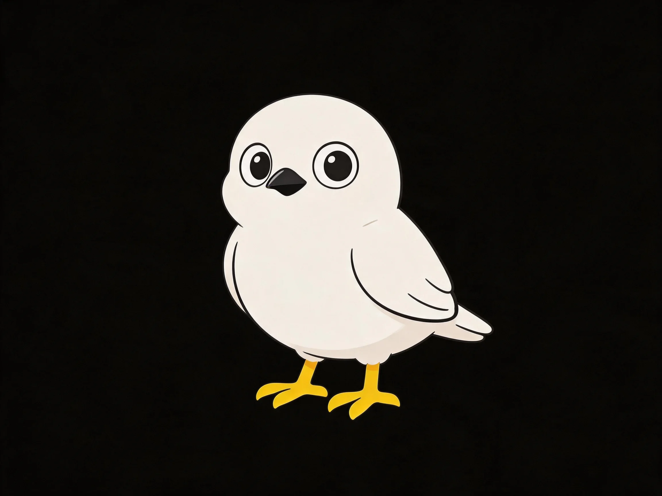 Cartoon white bird with yellow feet, large eyes, black beak