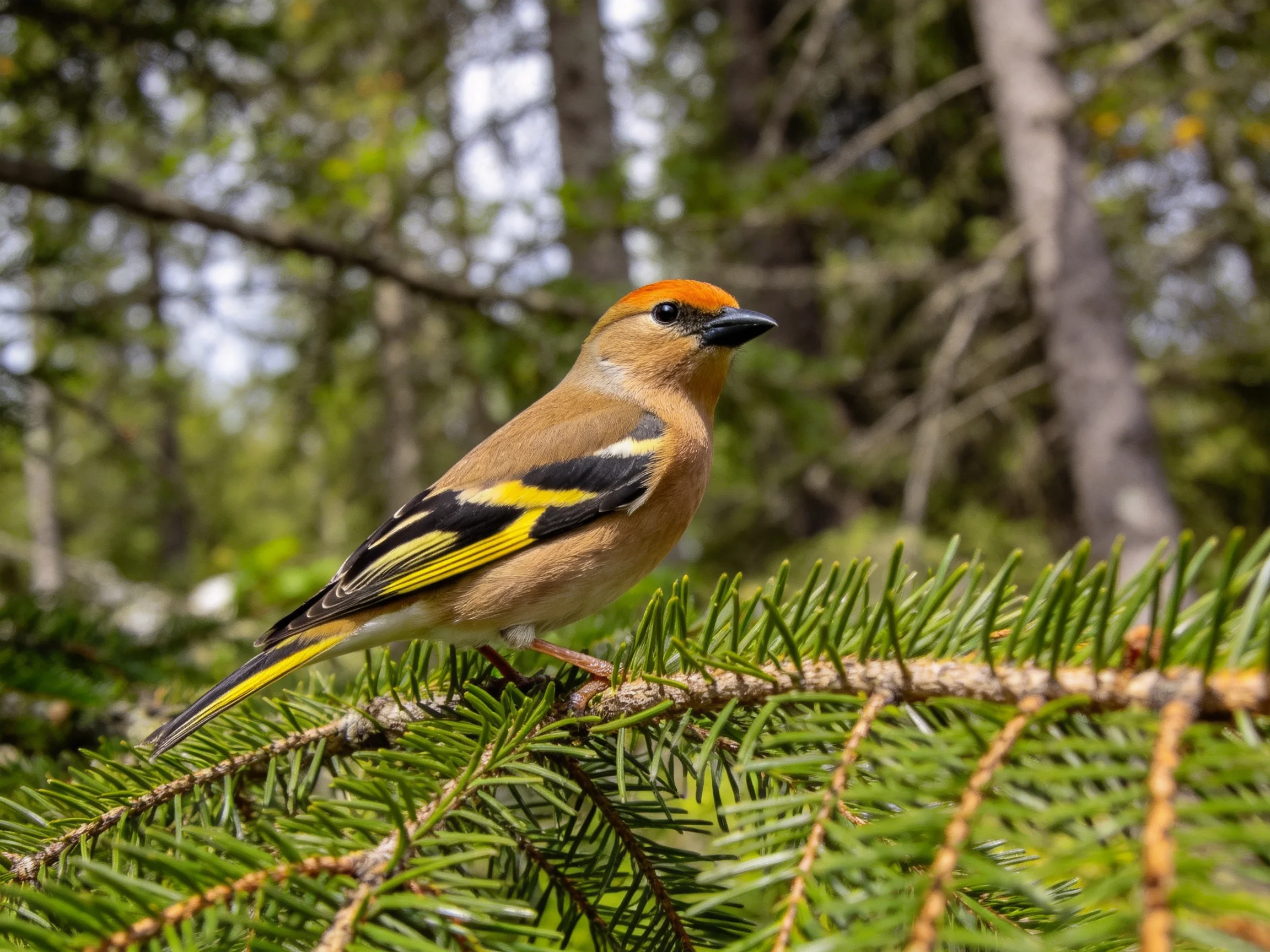 Chestnut-capped bird with yellow/black wings on pine