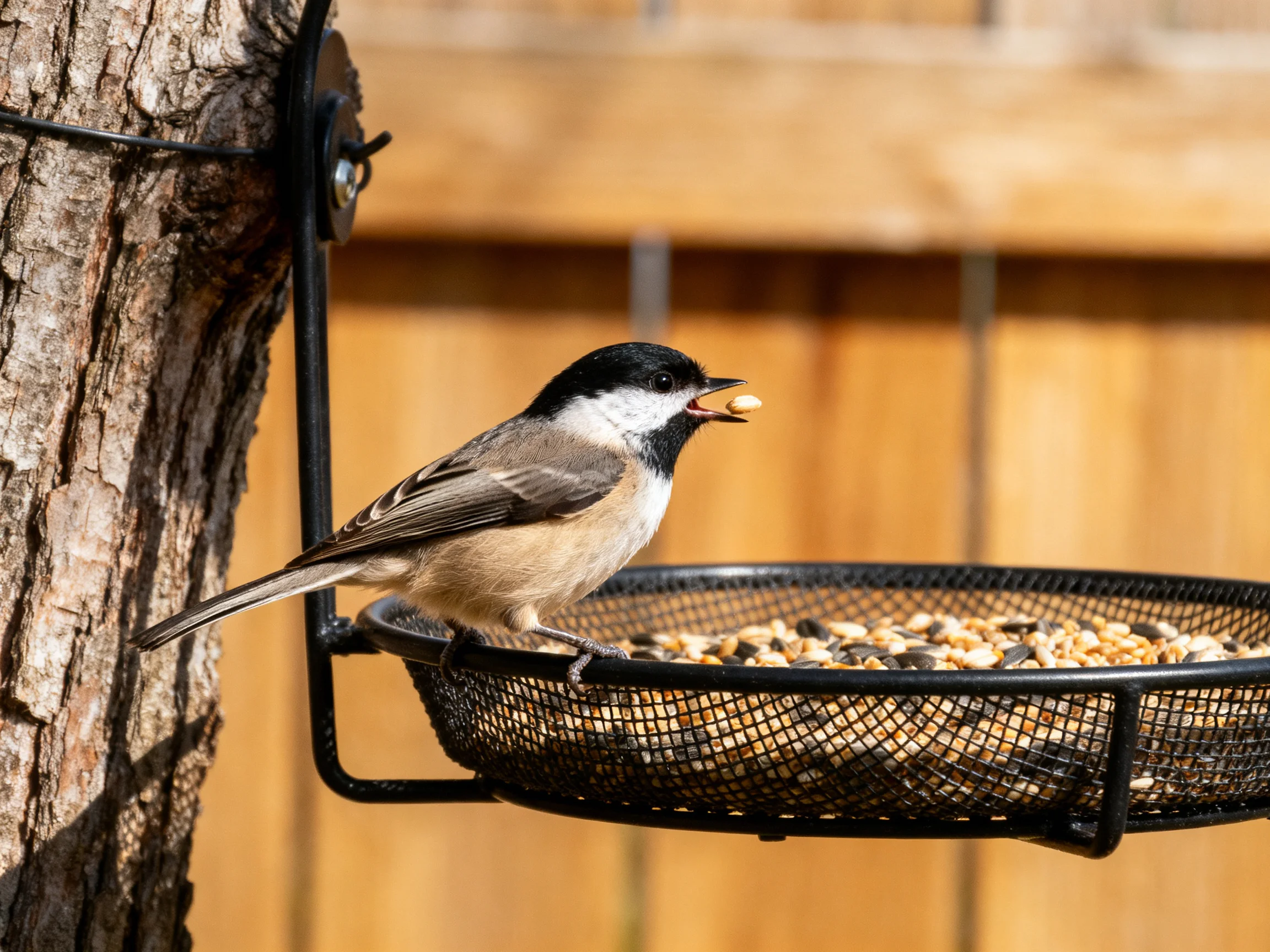 Chickadee with black cap feeding from metal mesh bird feeder