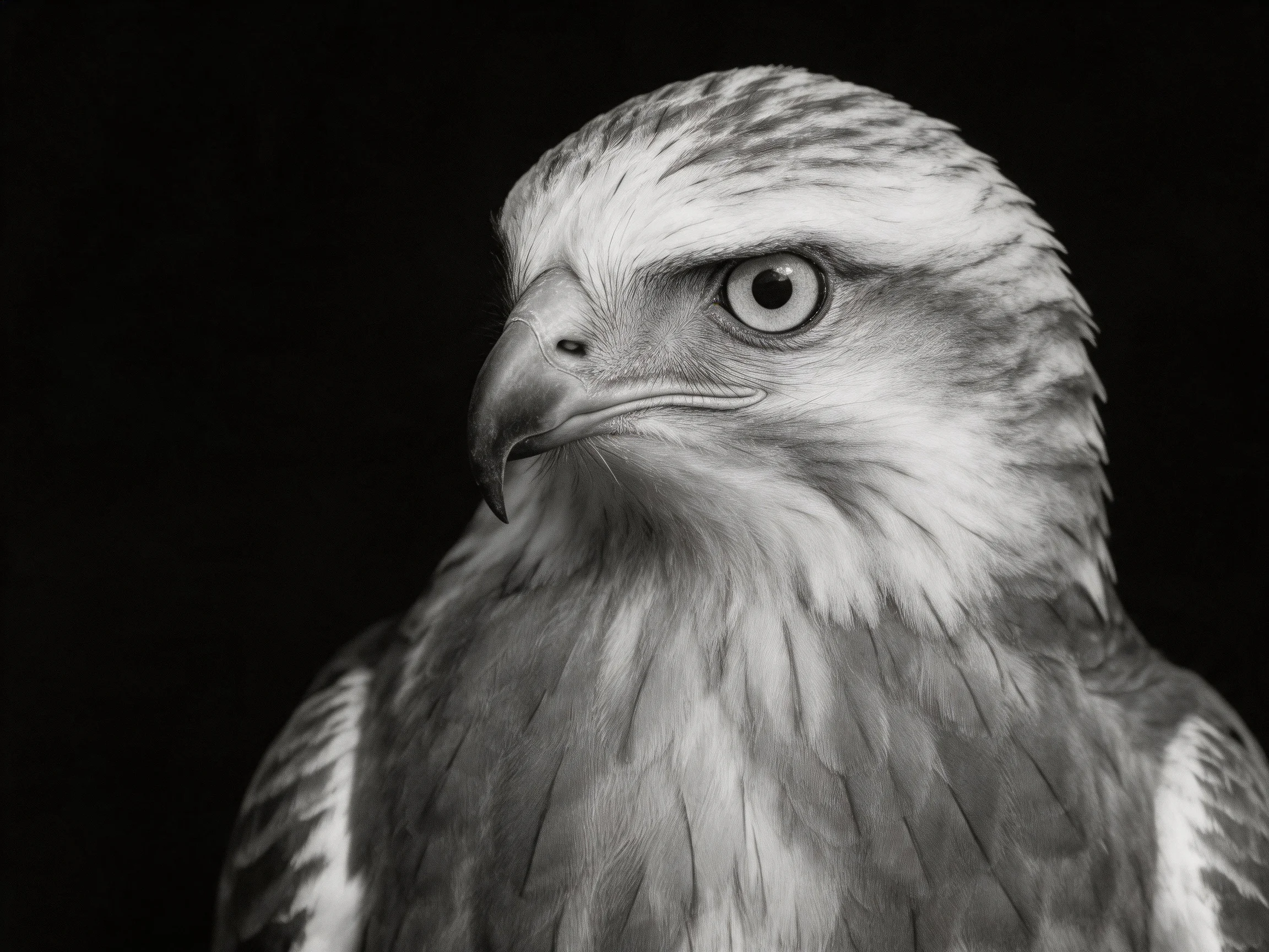 Close-up black-and-white portrait of a bird of prey