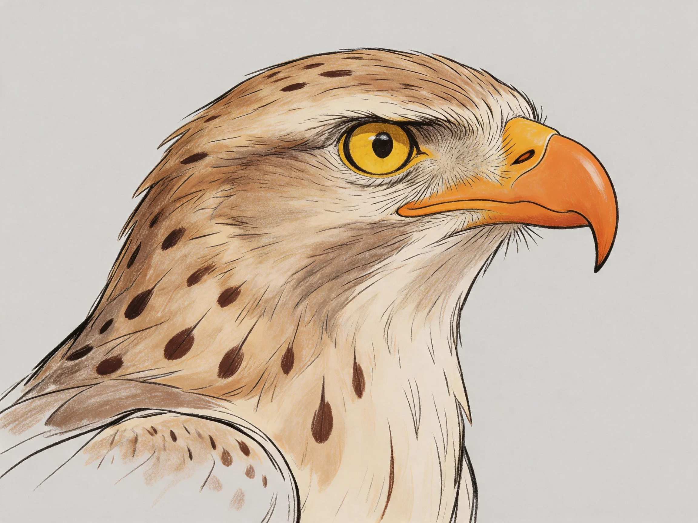 Close-up illustration of a brown-spotted raptor with an orange hooked beak