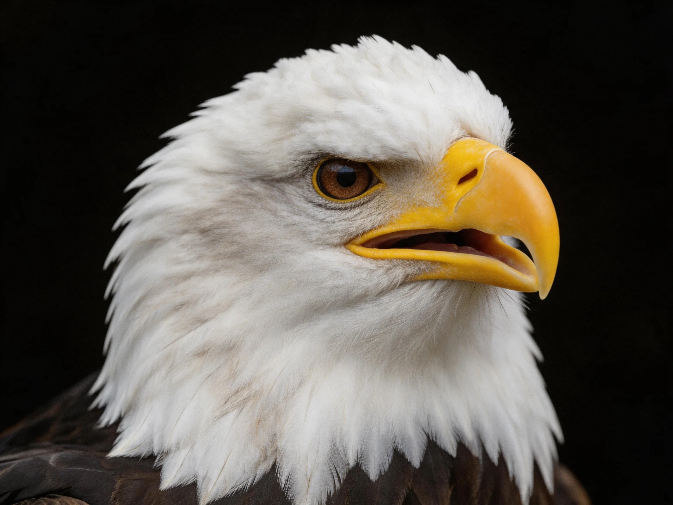 Close-up of a bald eagle showcasing white plumage and bright yellow beak