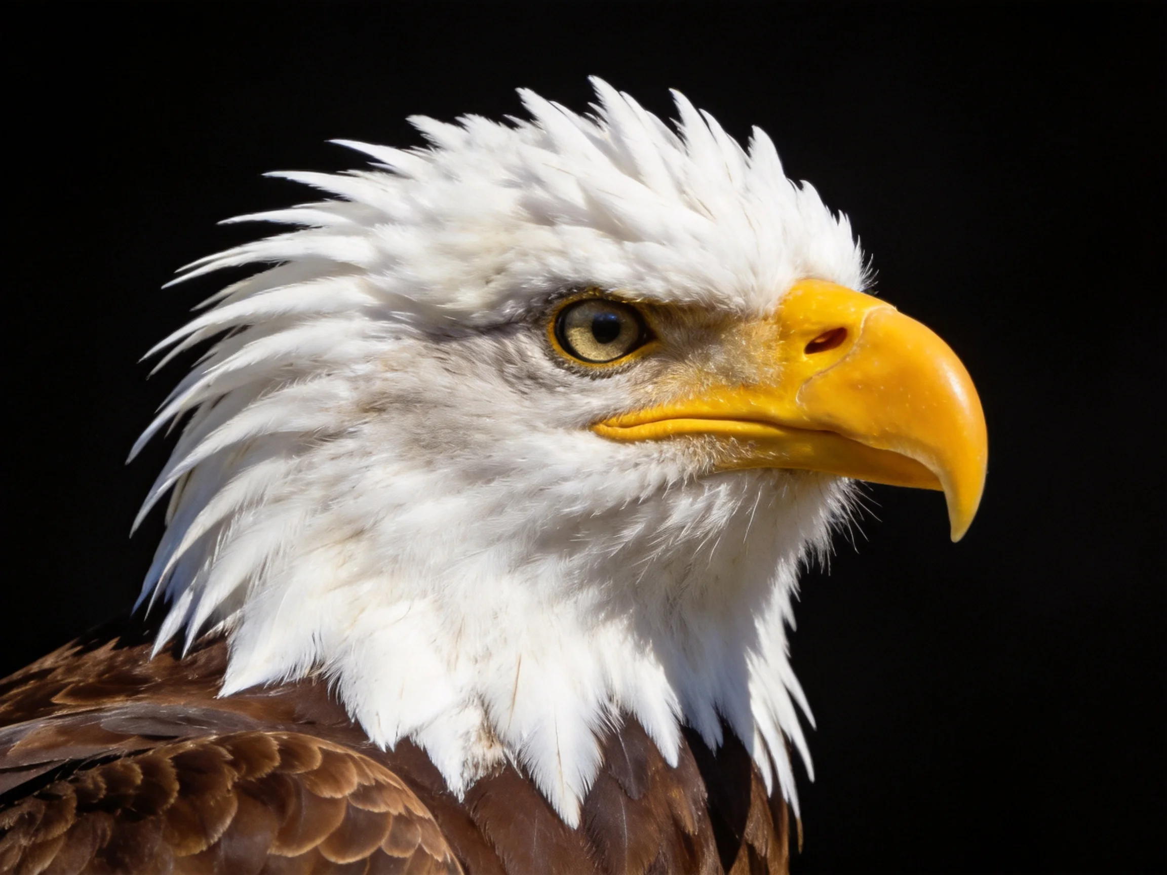 Close-up of a bald eagle with white head and yellow beak against black background