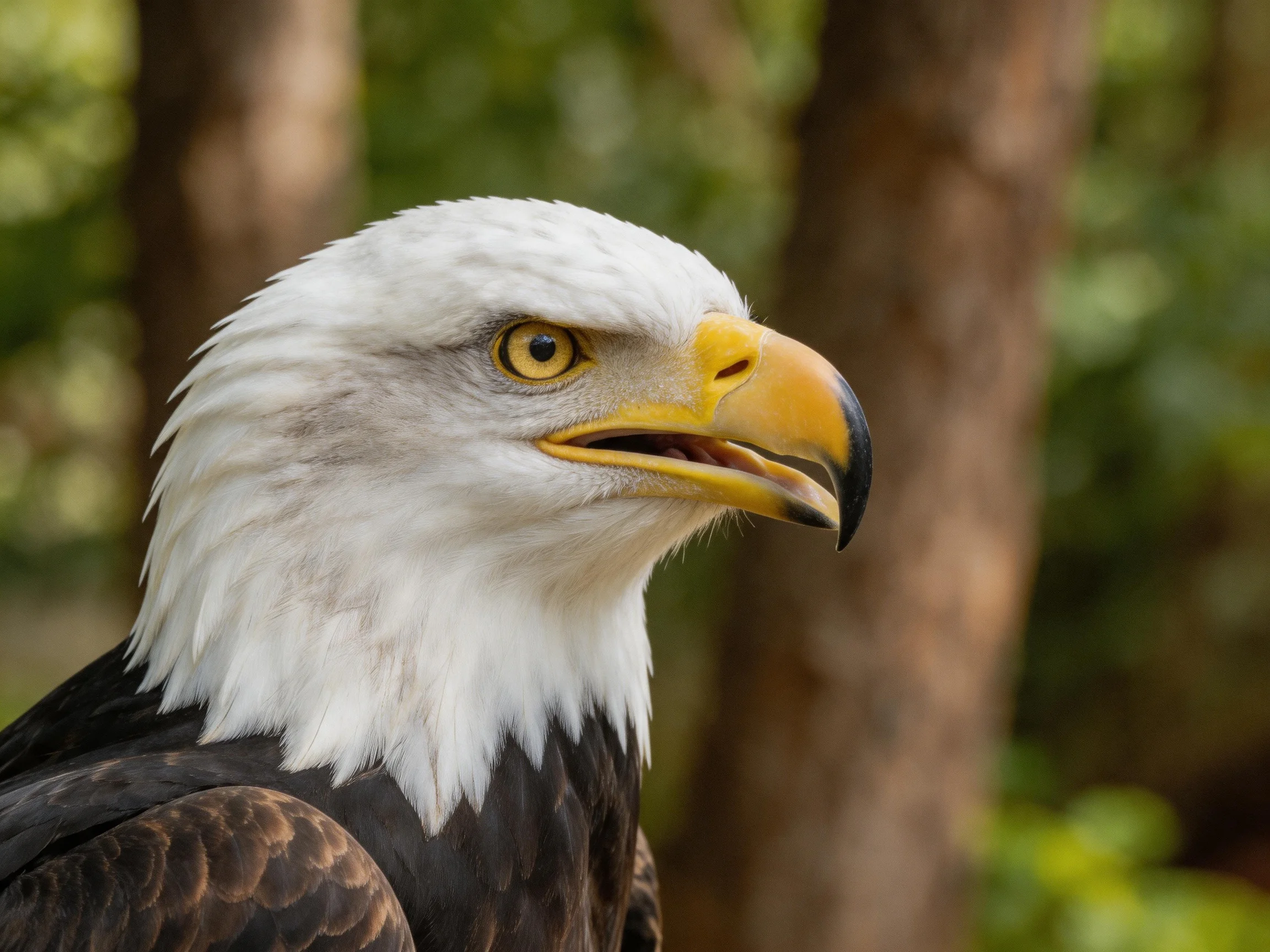 Close-up of a bald eagle with white head and yellow beak
