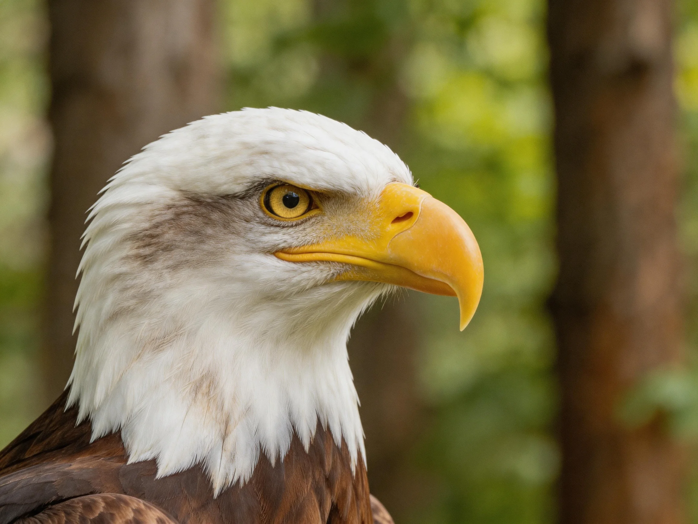 Close-up of a bald eagle with white head and yellow beak