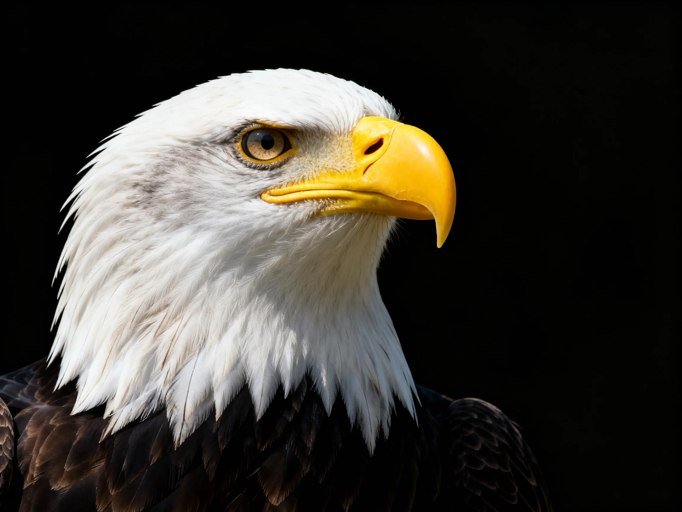 Close-up of a bald eagle with white plumage and vibrant yellow beak