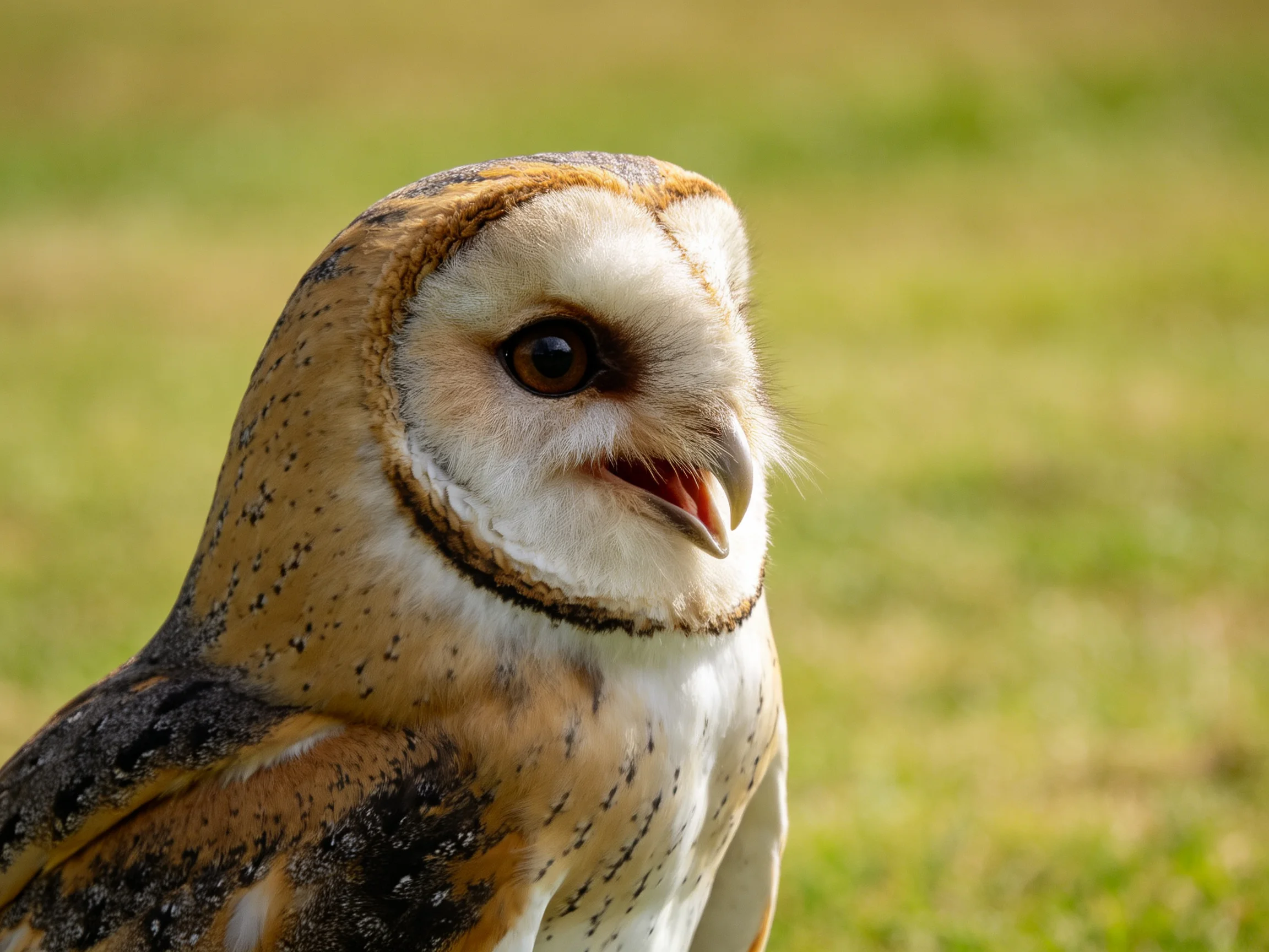 Close-up of a barn owl with brown and white feather patterns