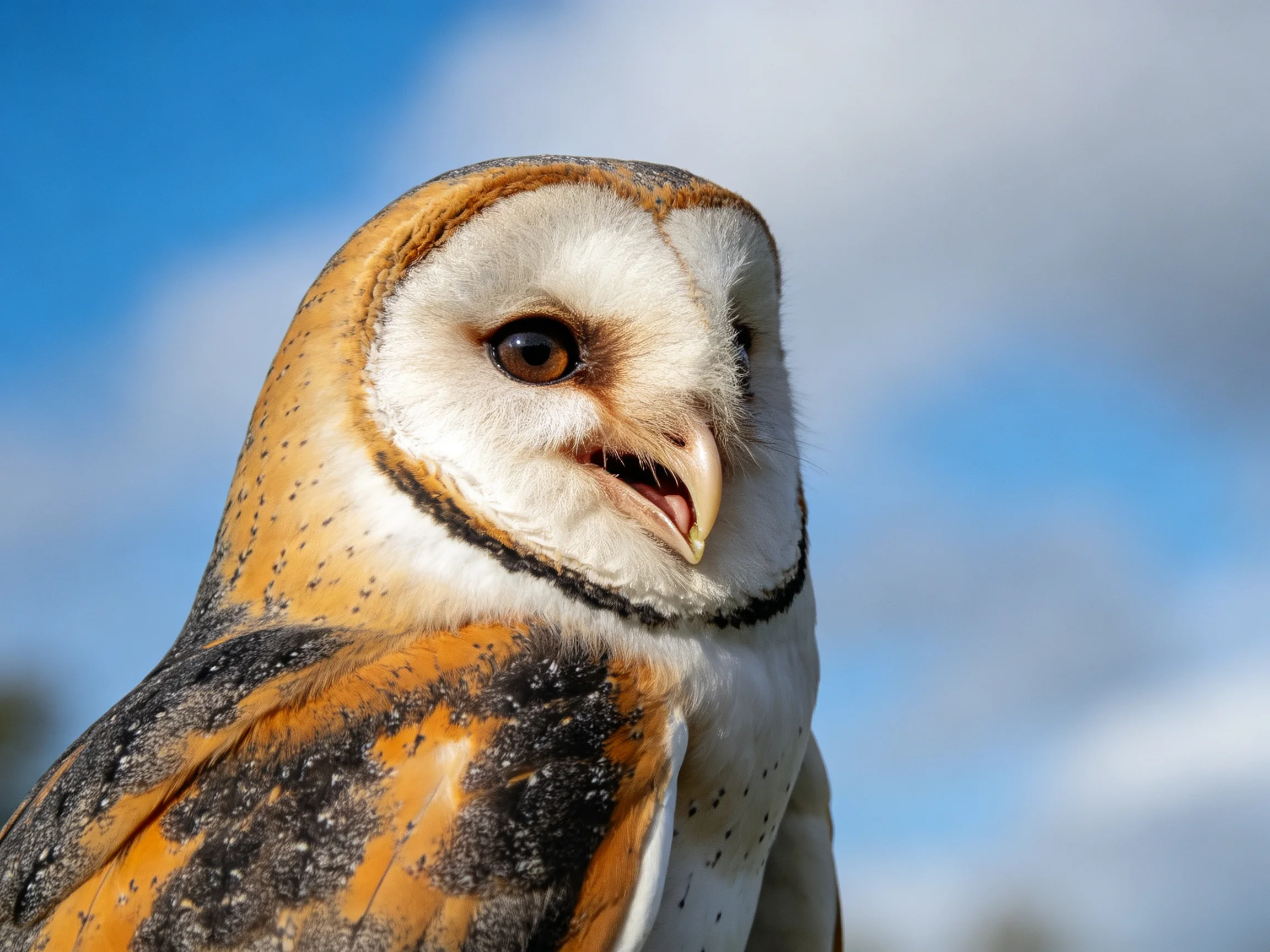 Close-up of a barn owl with orange, white, and dark plumage
