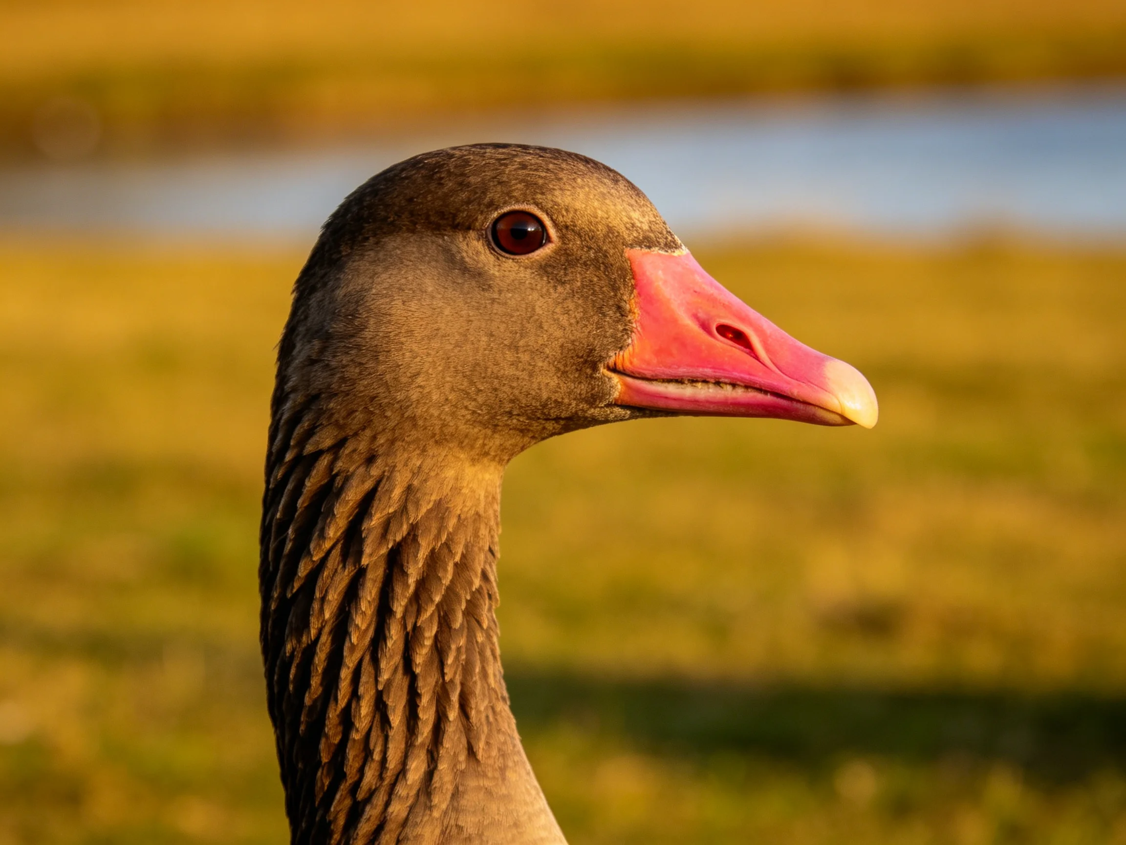 A bird with a pink beak and brown feathers is captured in a close - up photograph.