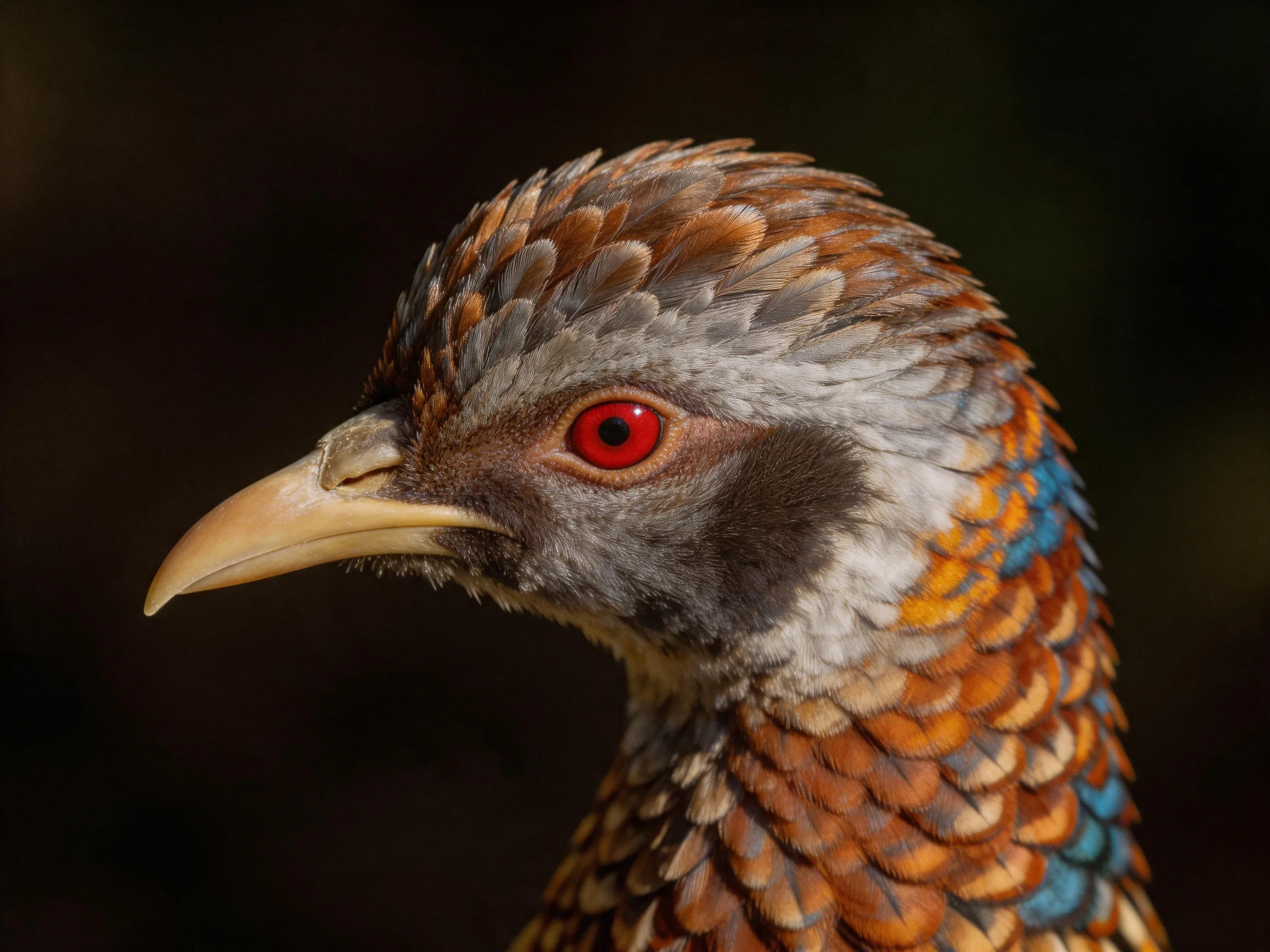 A close-up shot of a bird with colorful feathers and a striking red eye.