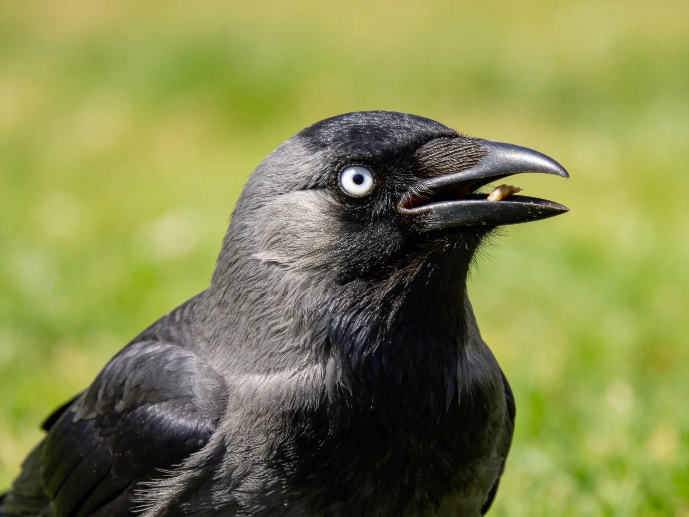 Close-up of a black-feathered crow with a white eye and open beak