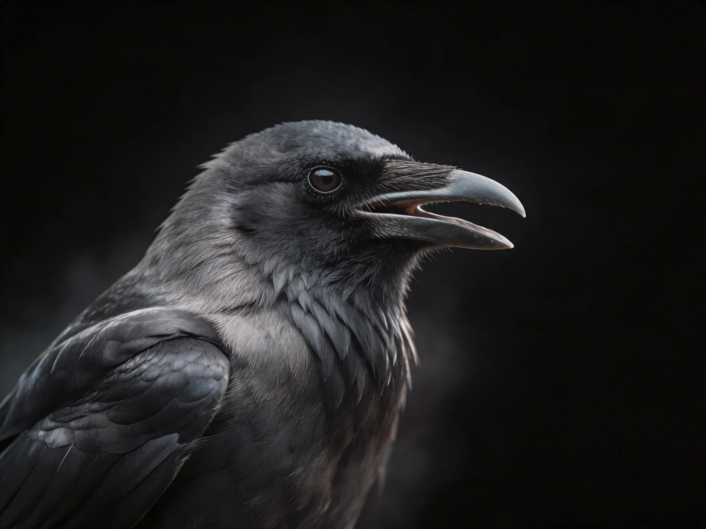 Close-up of a black raven with glossy feathers and sharp beak