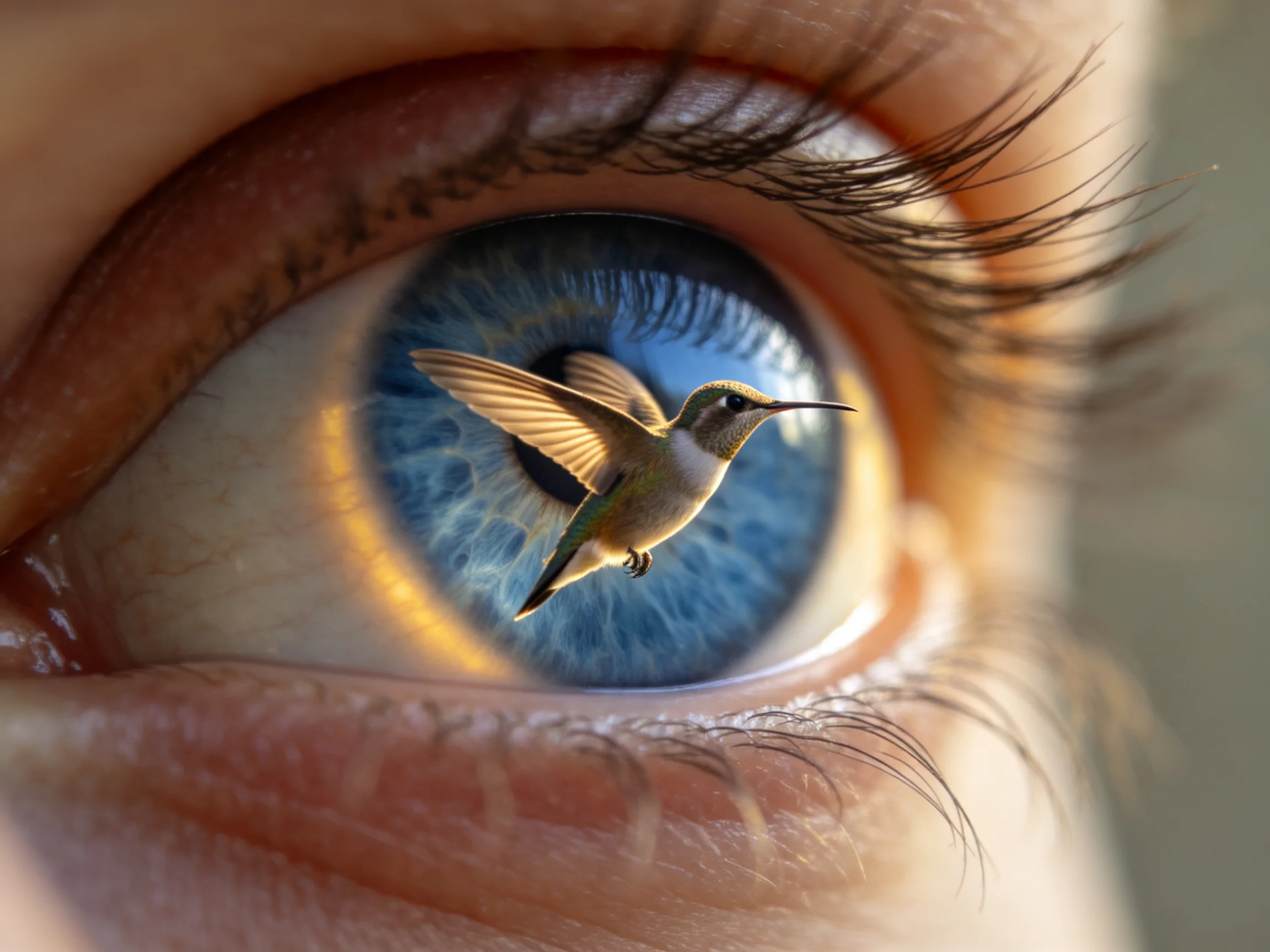 Close - up of a blue eye with a hummingbird in the iris