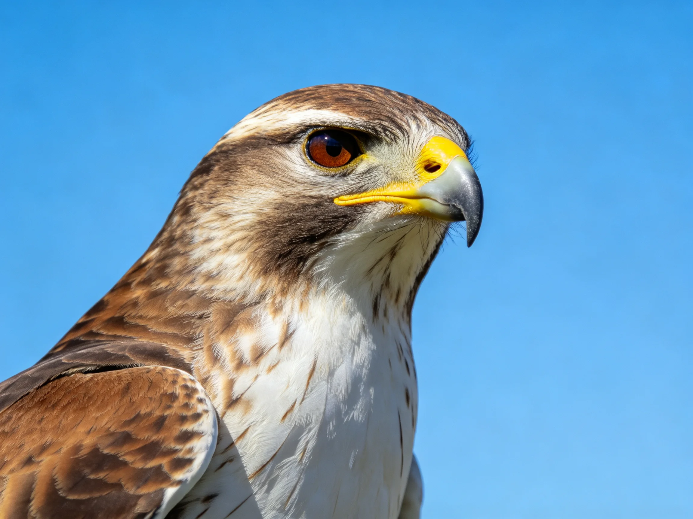 Close-up of a brown and white hawk with bright yellow beak against clear blue sky