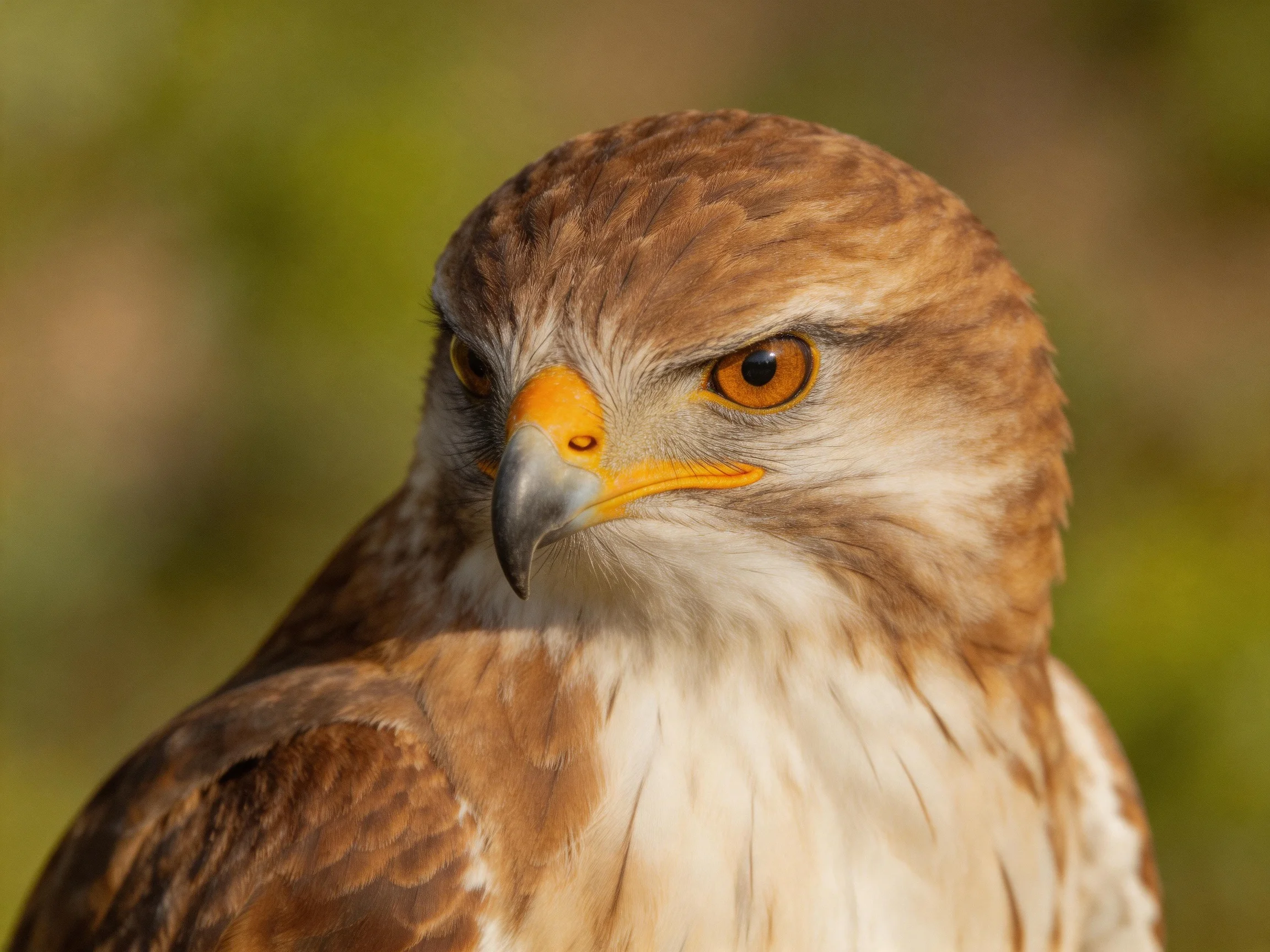 A brown and white raptor with a yellow beak is shown in a close-up.