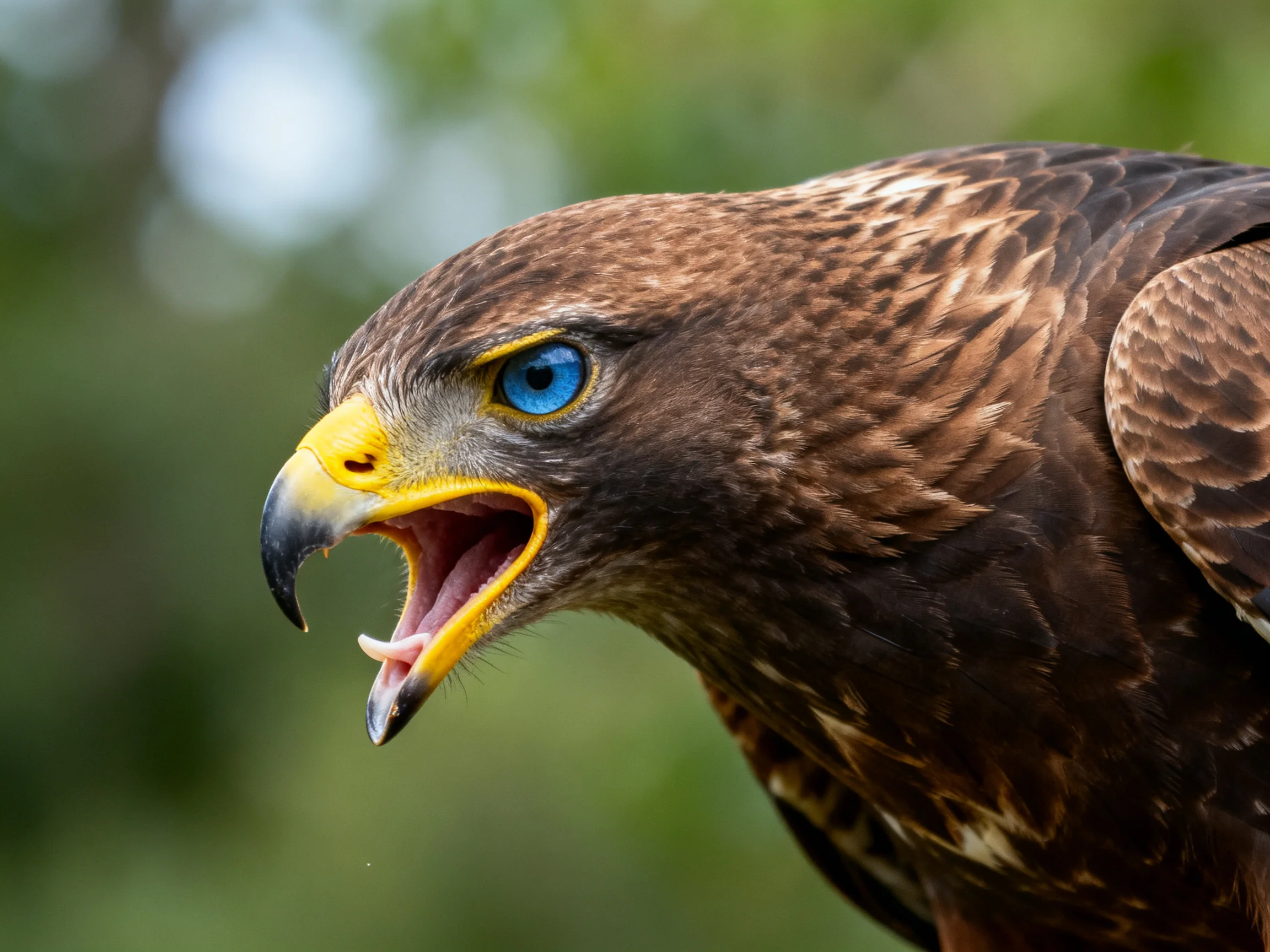 Close - up of a brown-fe feathered bird with a vivid blue eye