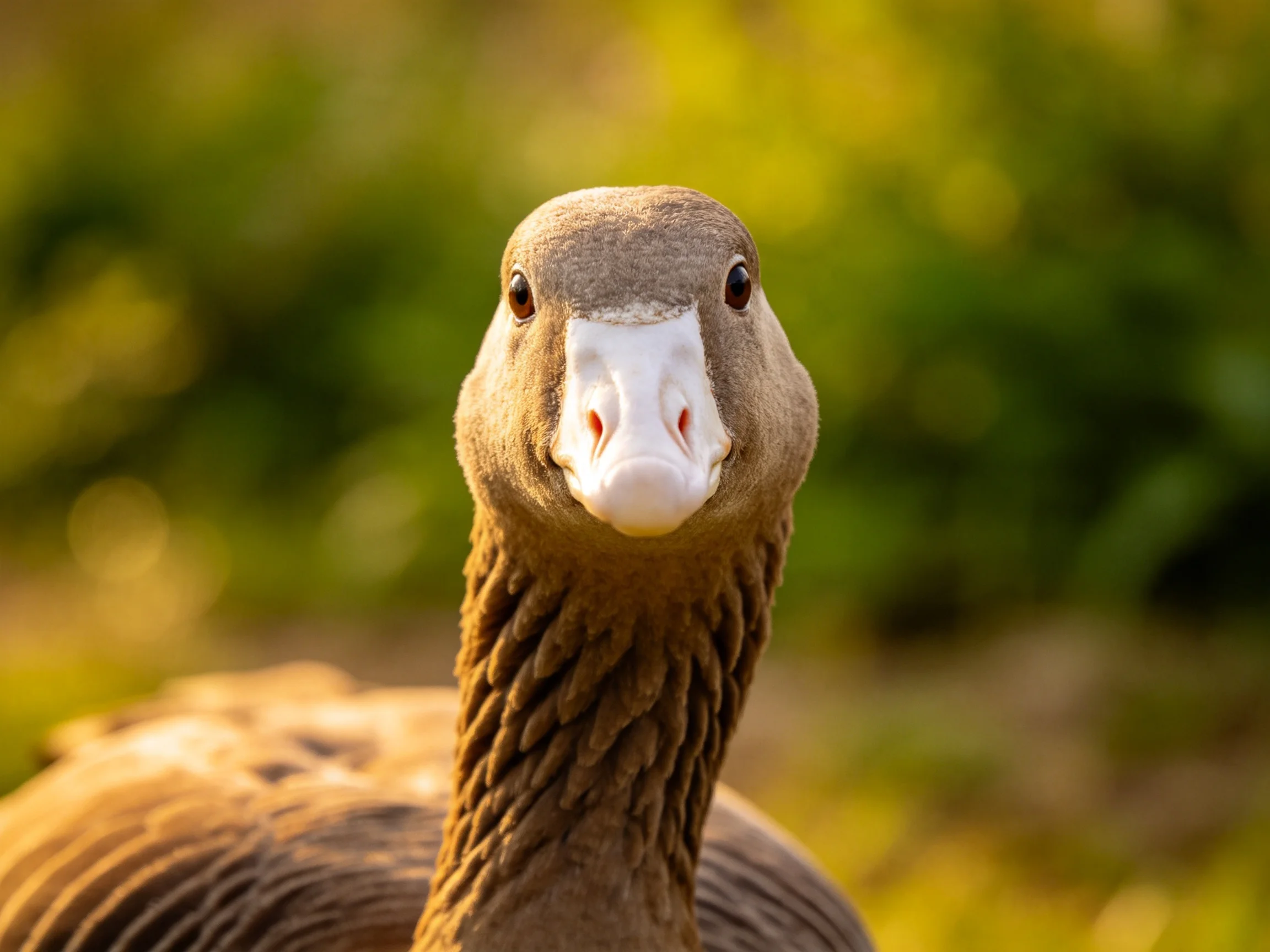 Close - up of a brown goose with white beak against blurred greenery