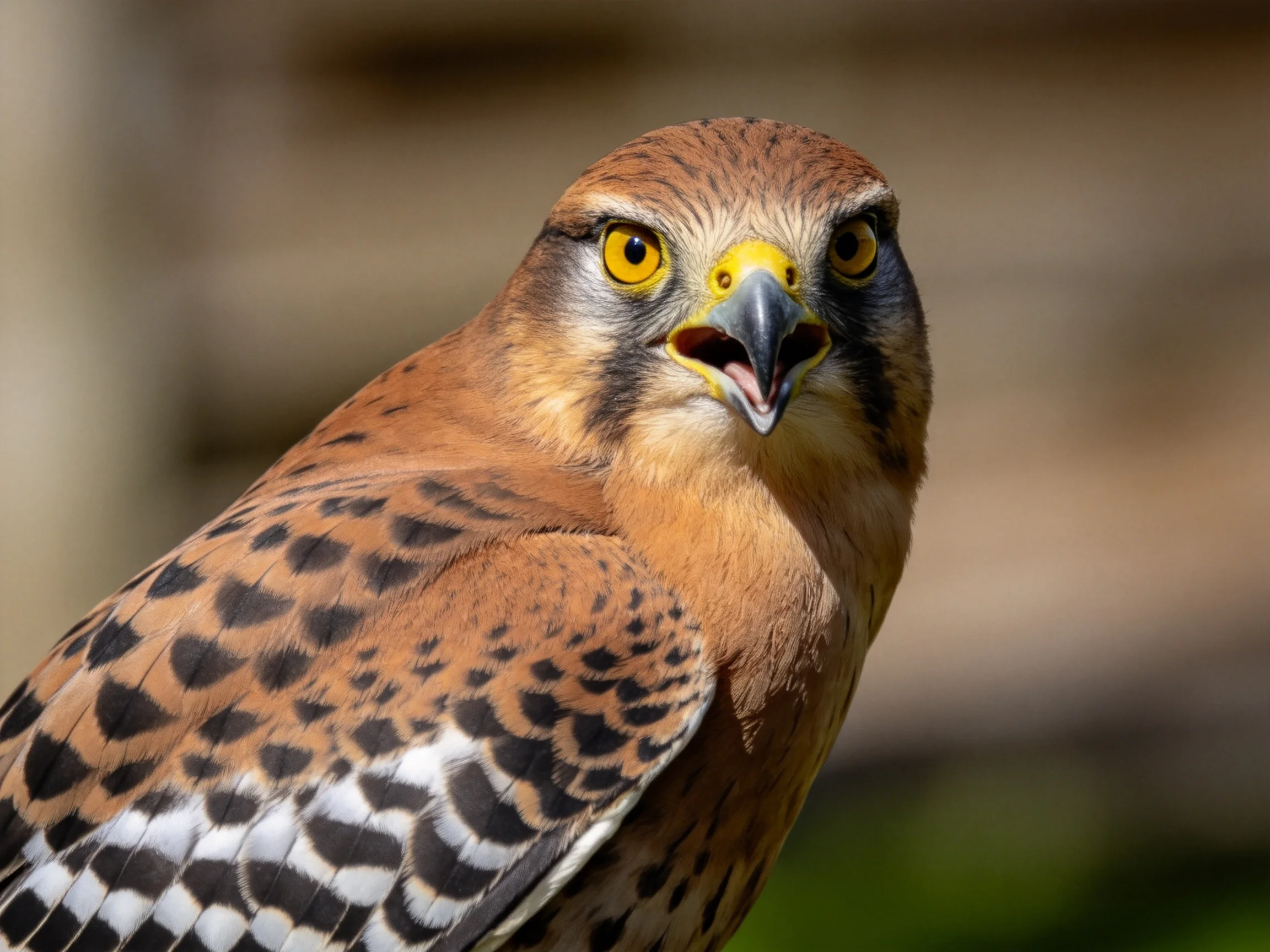 Close-up of a brown-spotted falcon with bright yellow eyes