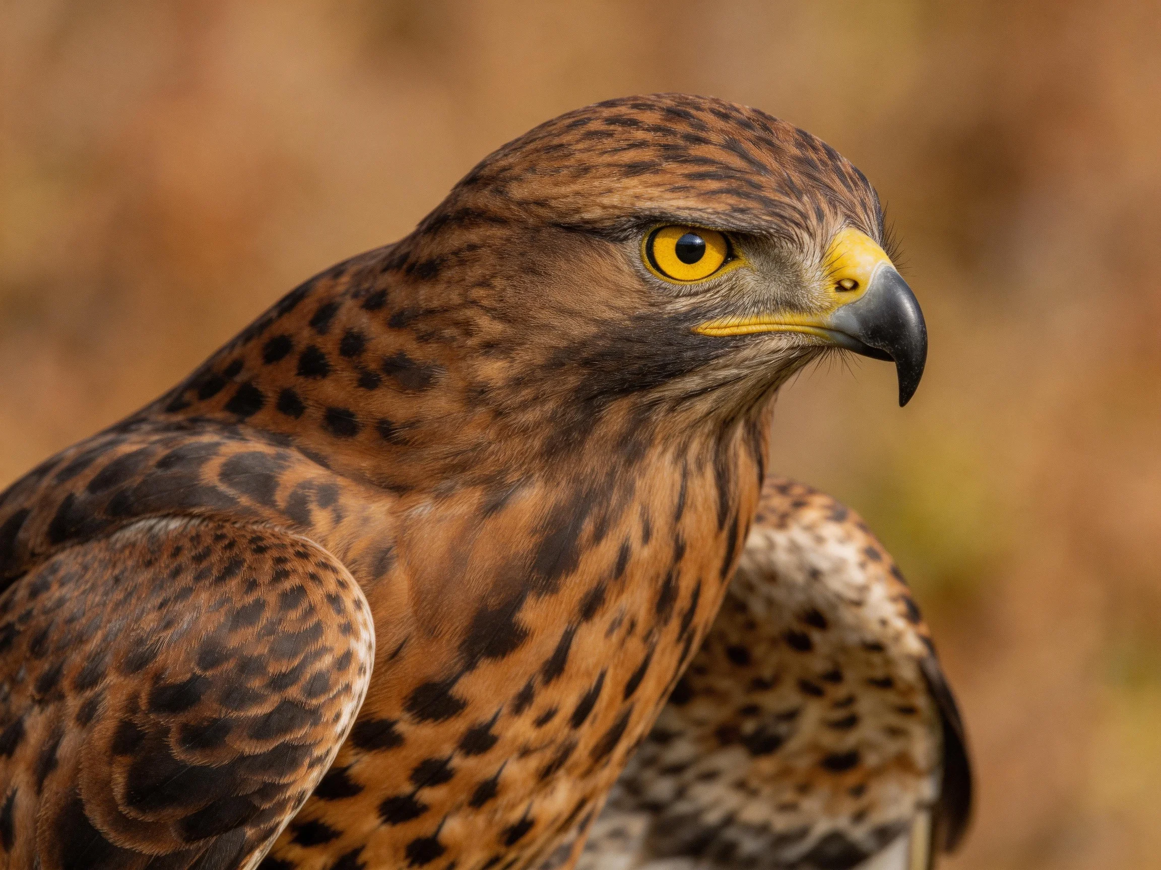 Close-up of a brown-spotted raptor with yellow eyes