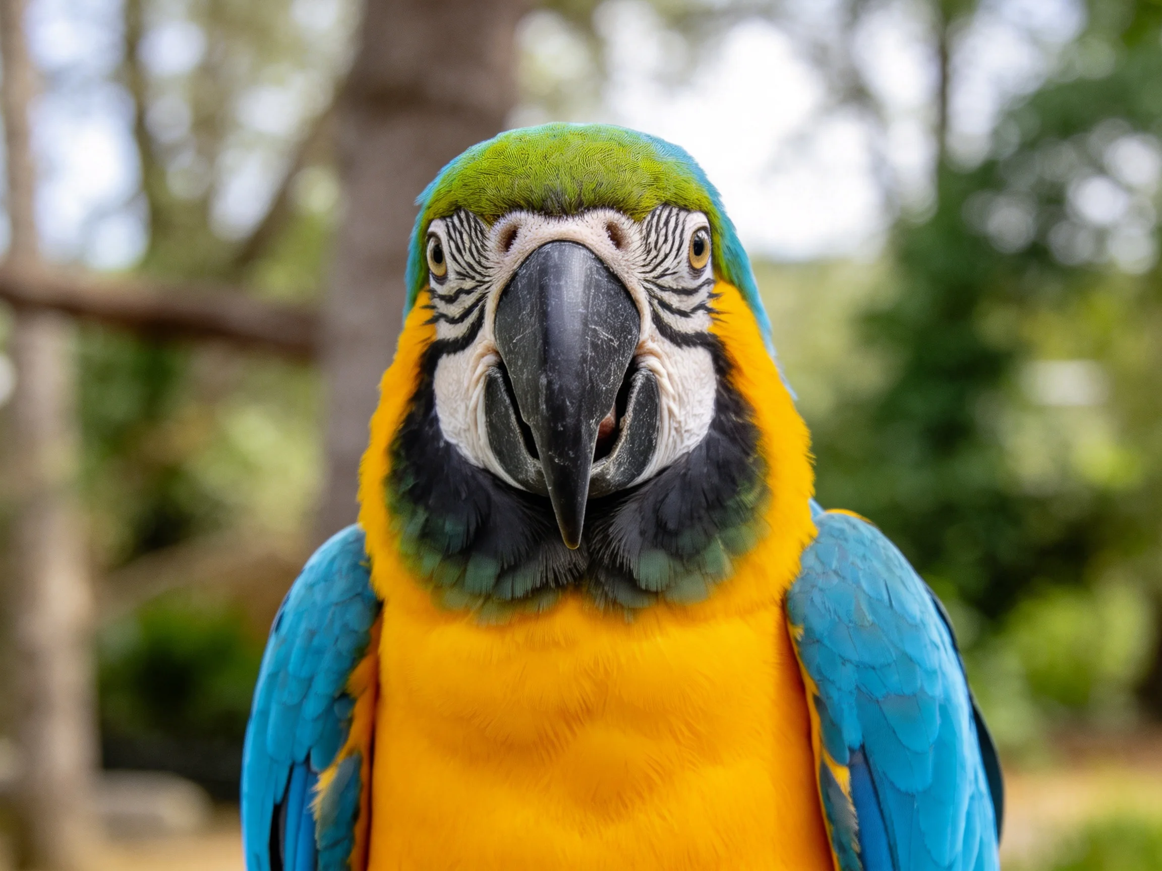 Colorful macaw with blue wings, yellow chest, green head photographed up close.