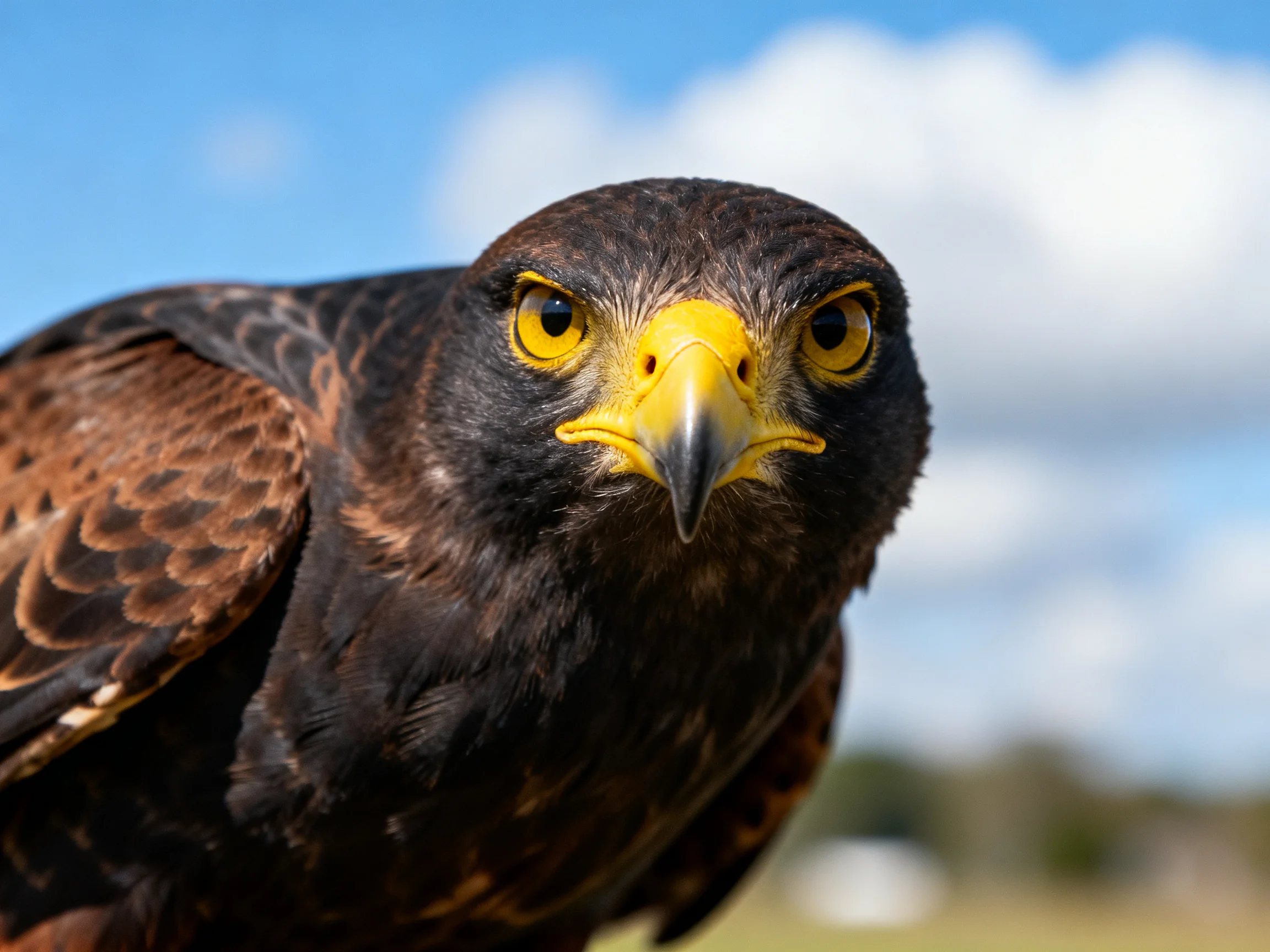 Close-up of a dark brown eagle with yellow beak and eyes