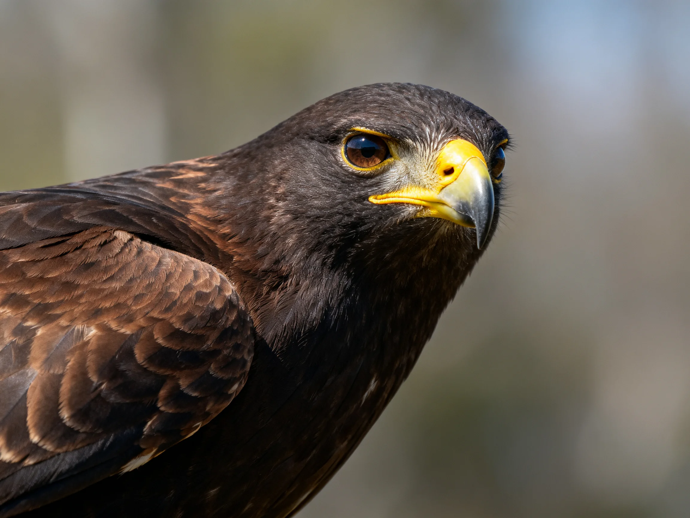 Close-up of a dark brown raptor with yellow beak