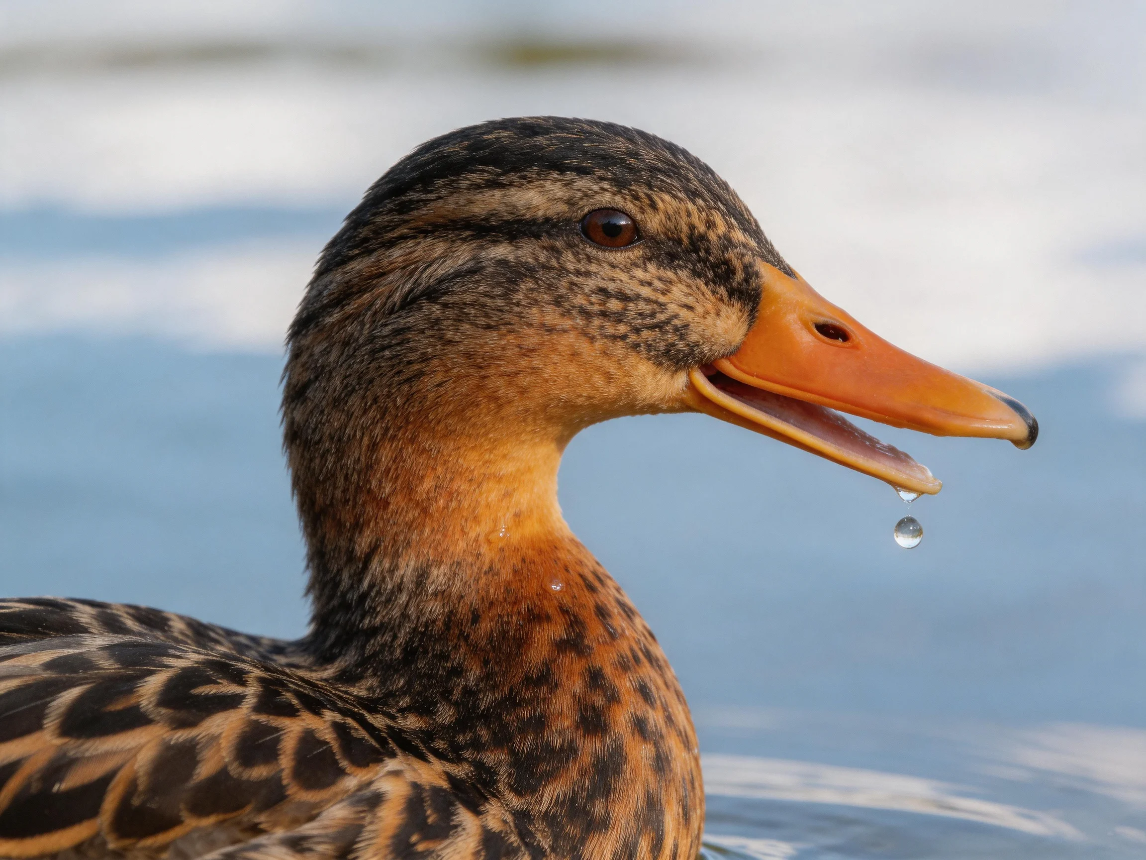Close-up of a duck with brown-spotted plumage and orange beak near water