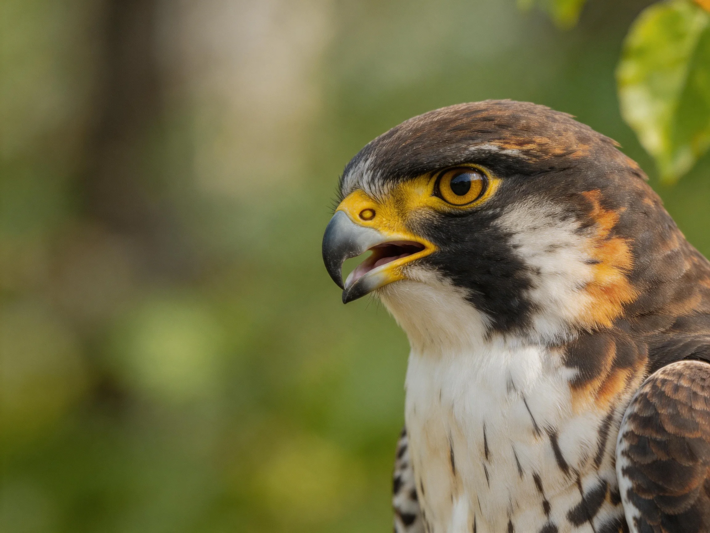 Close-up of a falcon with brown, white, and yellow plumage