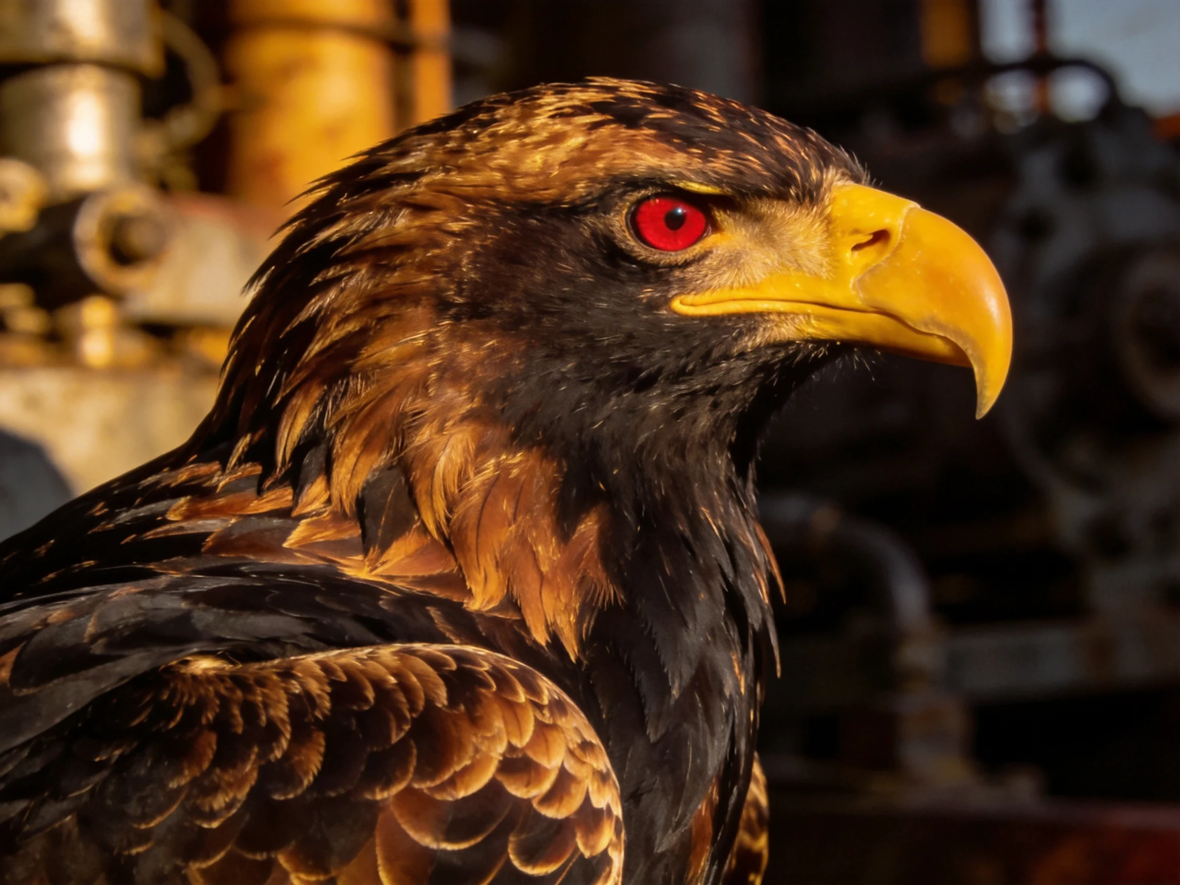 Close-up of a golden-brown eagle with bright red eyes