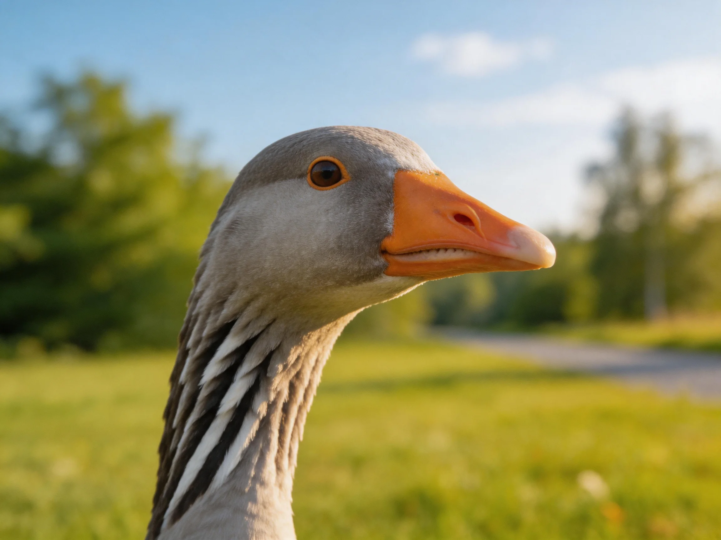 Close - up of a goose with an orange beak and gray plumage