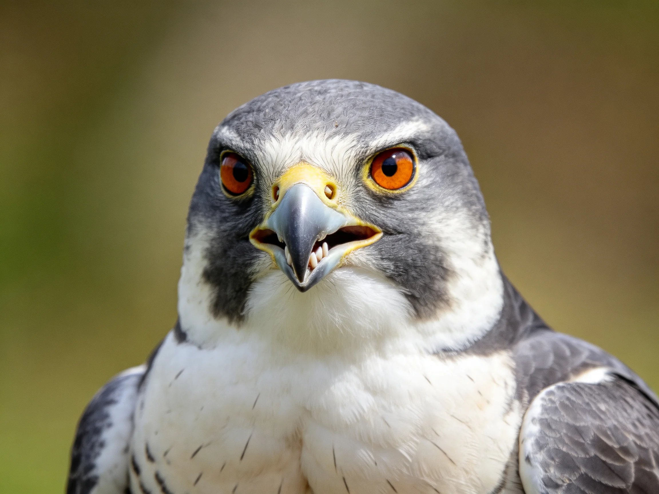 Close - up of a gray and white falcon with bright orange eyes