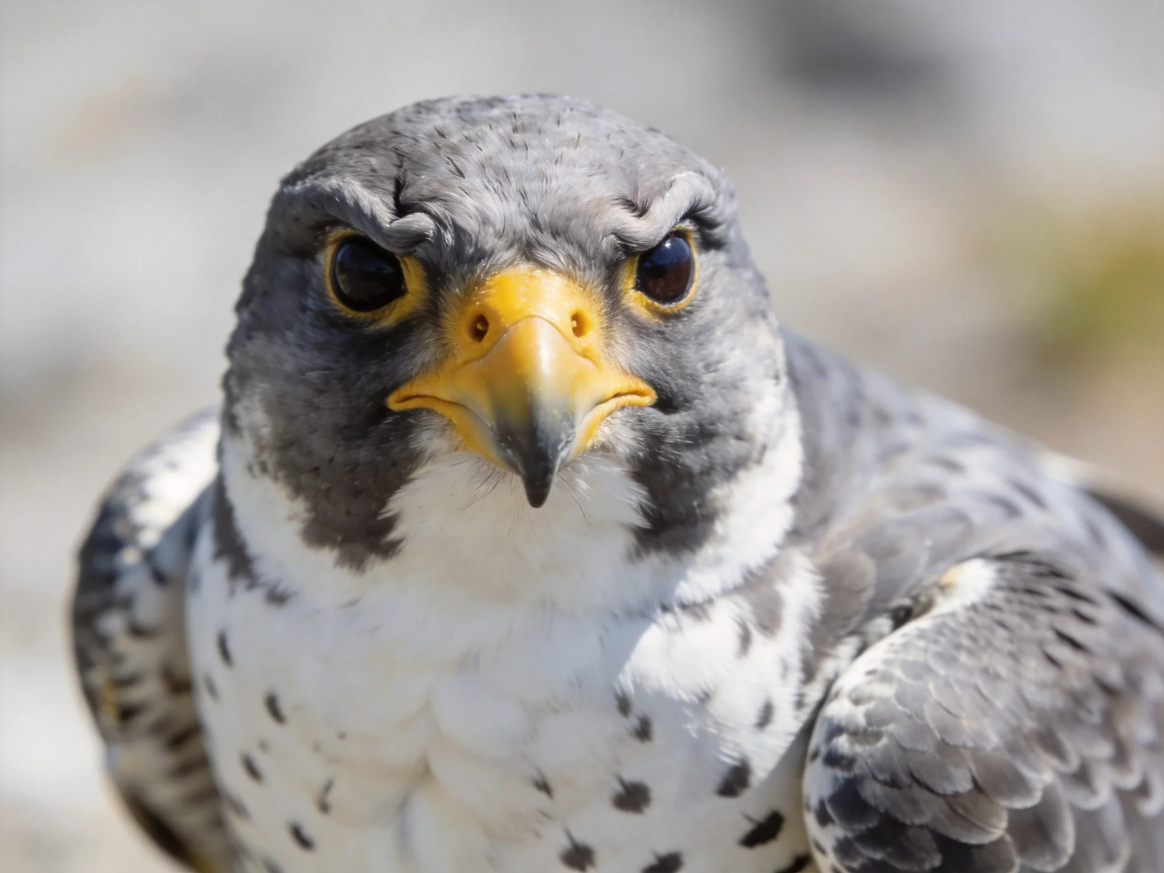 Close-up of a gray and white falcon with yellow beak
